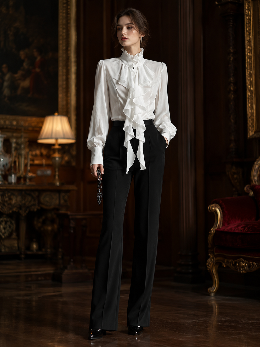 Gothic French Ruffle Tie-Collar Shirt - White Styled Model View 05 Gothic French Ruffle Tie-Collar Shirt in White, styled model view 05