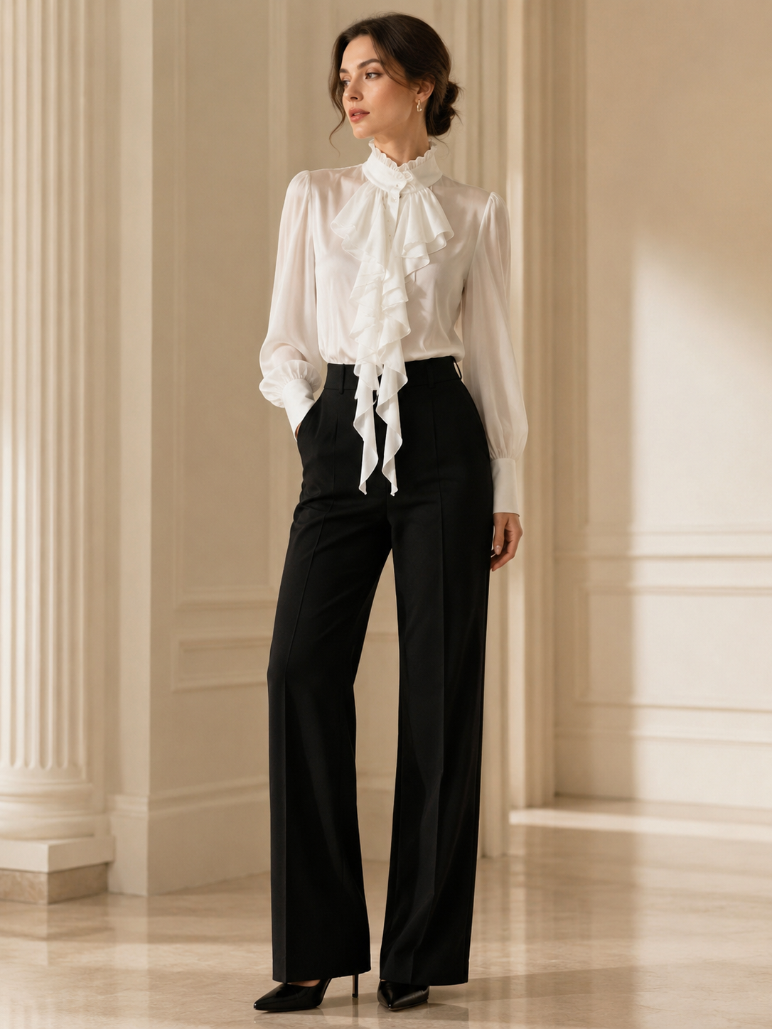 Gothic French Ruffle Tie-Collar Shirt - White Styled Model View 06 Gothic French Ruffle Tie-Collar Shirt in White, styled model view 06