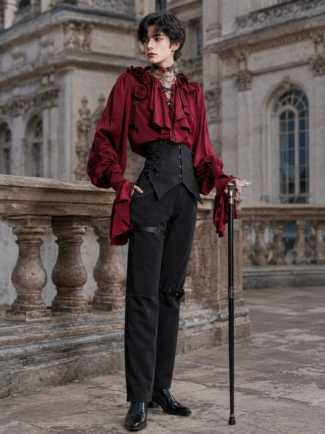 Gothic Ouji Ruffled V-Neck Blouse - Burgundy Red Styled Model View 03 Gothic Ouji Ruffled V-Neck Blouse in Burgundy Red, styled model view 03