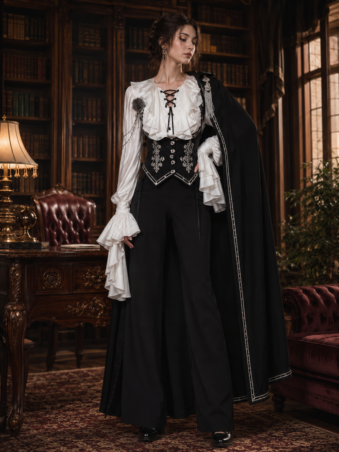 Gothic Ouji Ruffled V-Neck Blouse in White, main product styling view 01