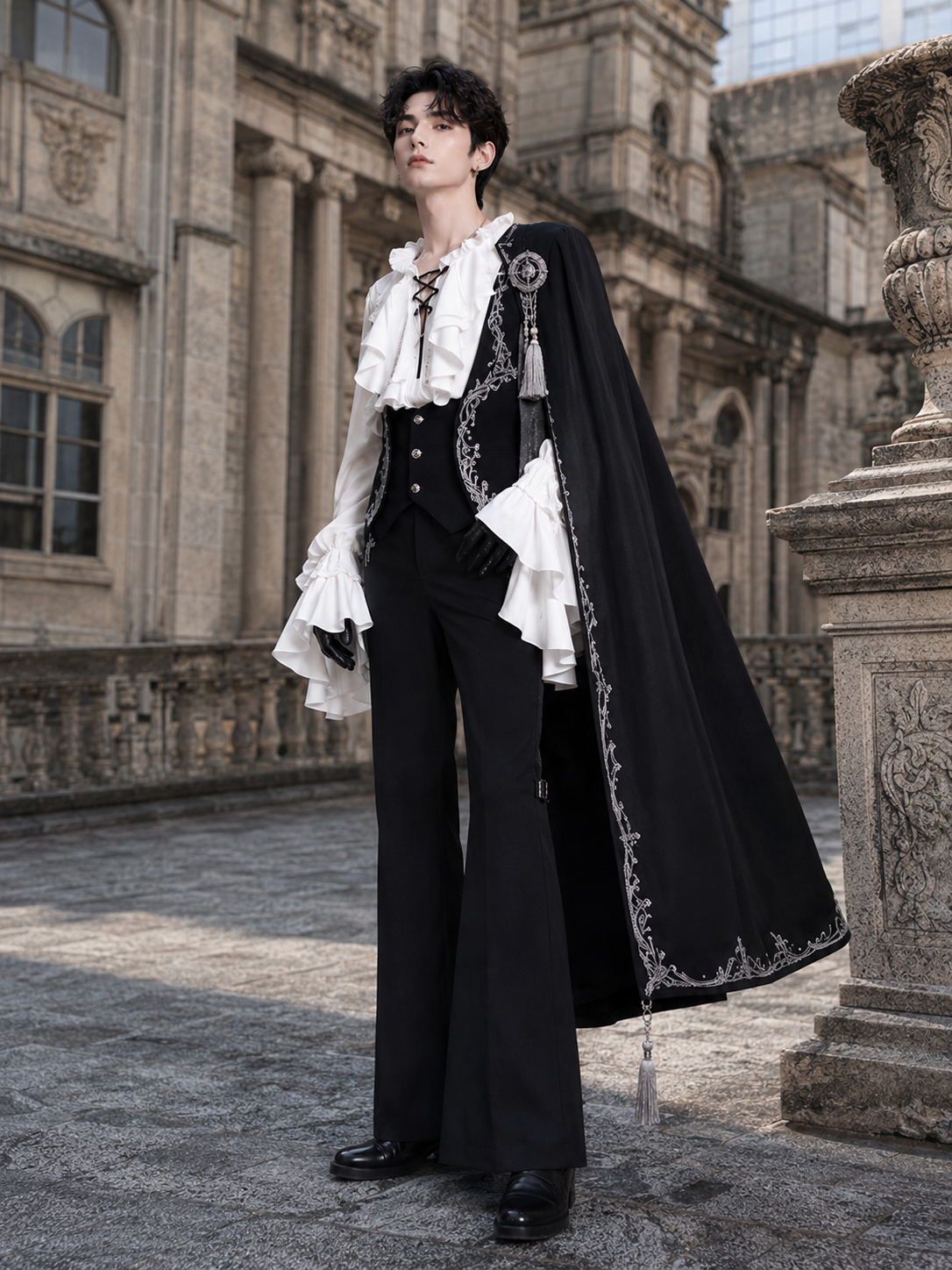 Gothic Ouji Ruffled V-Neck Blouse - White Styled Model View 03 Gothic Ouji Ruffled V-Neck Blouse in White, styled model view 03