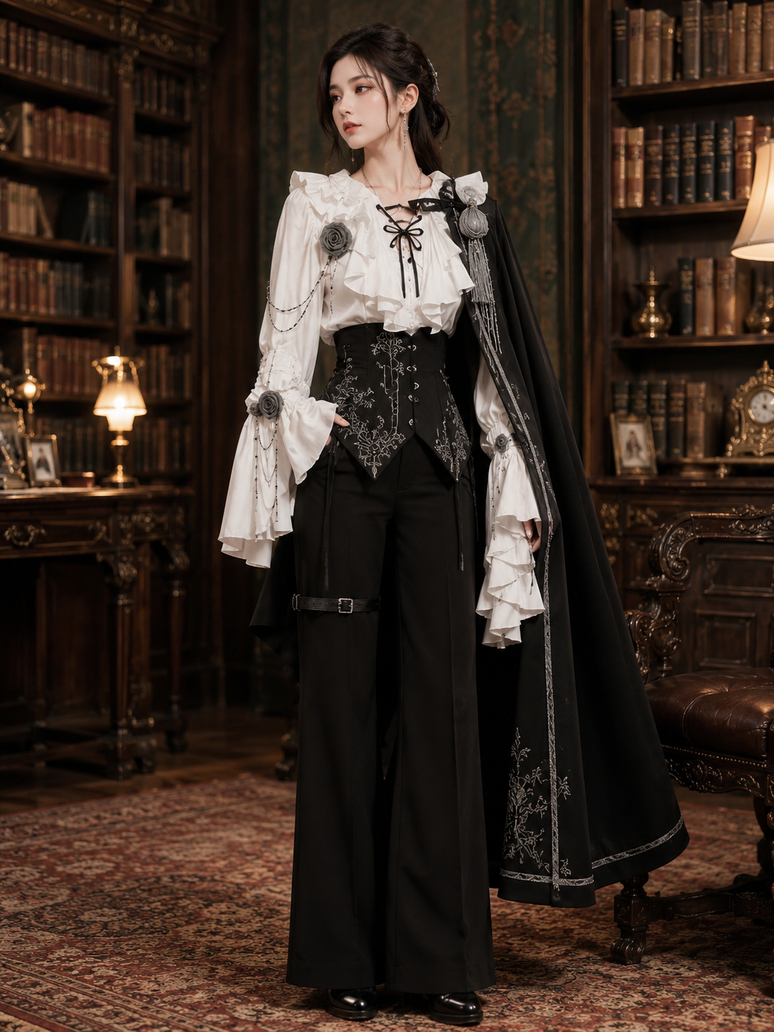 Gothic Ouji Ruffled V-Neck Blouse - White Styled Model View 04 Gothic Ouji Ruffled V-Neck Blouse in White, styled model view 04
