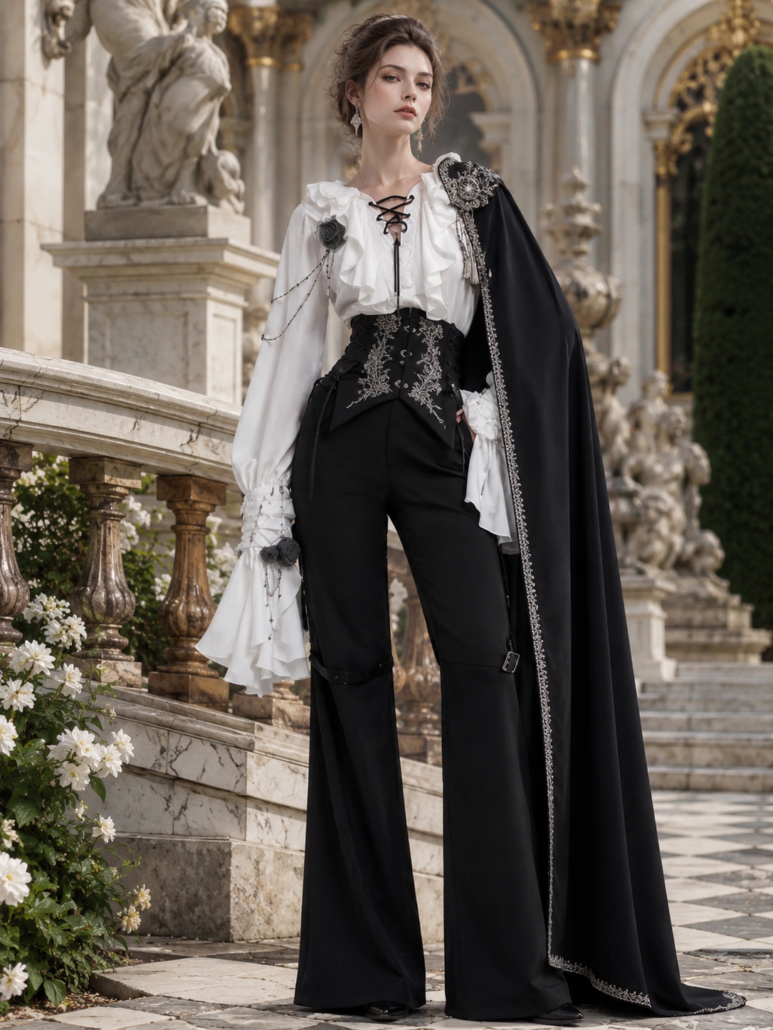 Gothic Ouji Ruffled V-Neck Blouse - White Styled Model View 05 Gothic Ouji Ruffled V-Neck Blouse in White, styled model view 05
