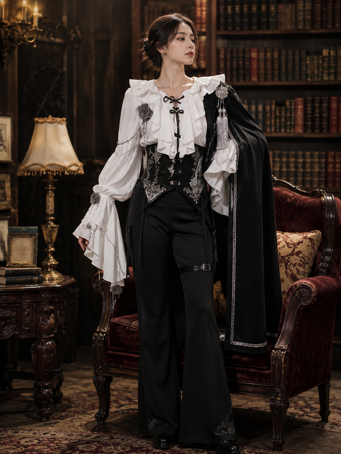 Gothic Ouji Ruffled V-Neck Blouse - White Styled Model View 06 Gothic Ouji Ruffled V-Neck Blouse in White, styled model view 06