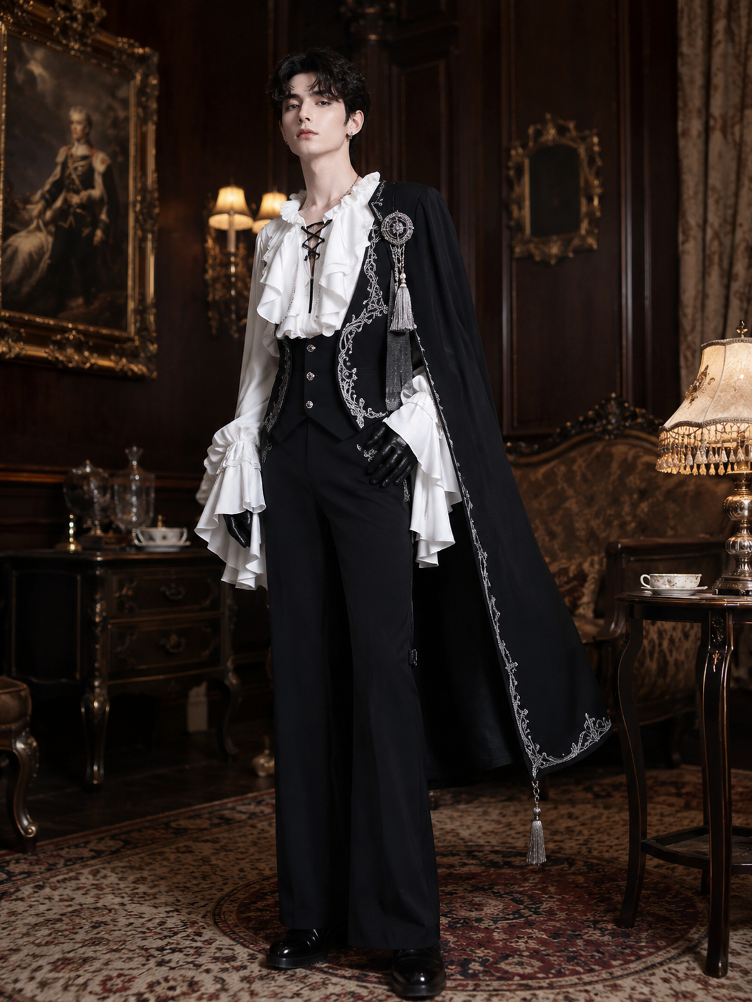 Gothic Ouji Ruffled V-Neck Blouse - White Styled Model View 07 Gothic Ouji Ruffled V-Neck Blouse in White, styled model view 07