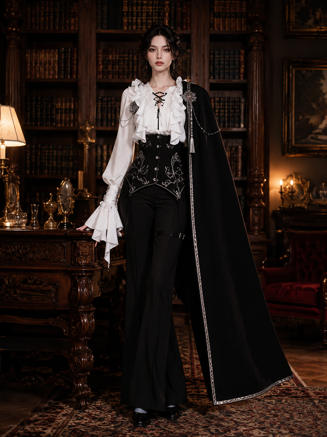 Gothic Ouji Ruffled V-Neck Blouse - White Styled Model View 08 Gothic Ouji Ruffled V-Neck Blouse in White, styled model view 08