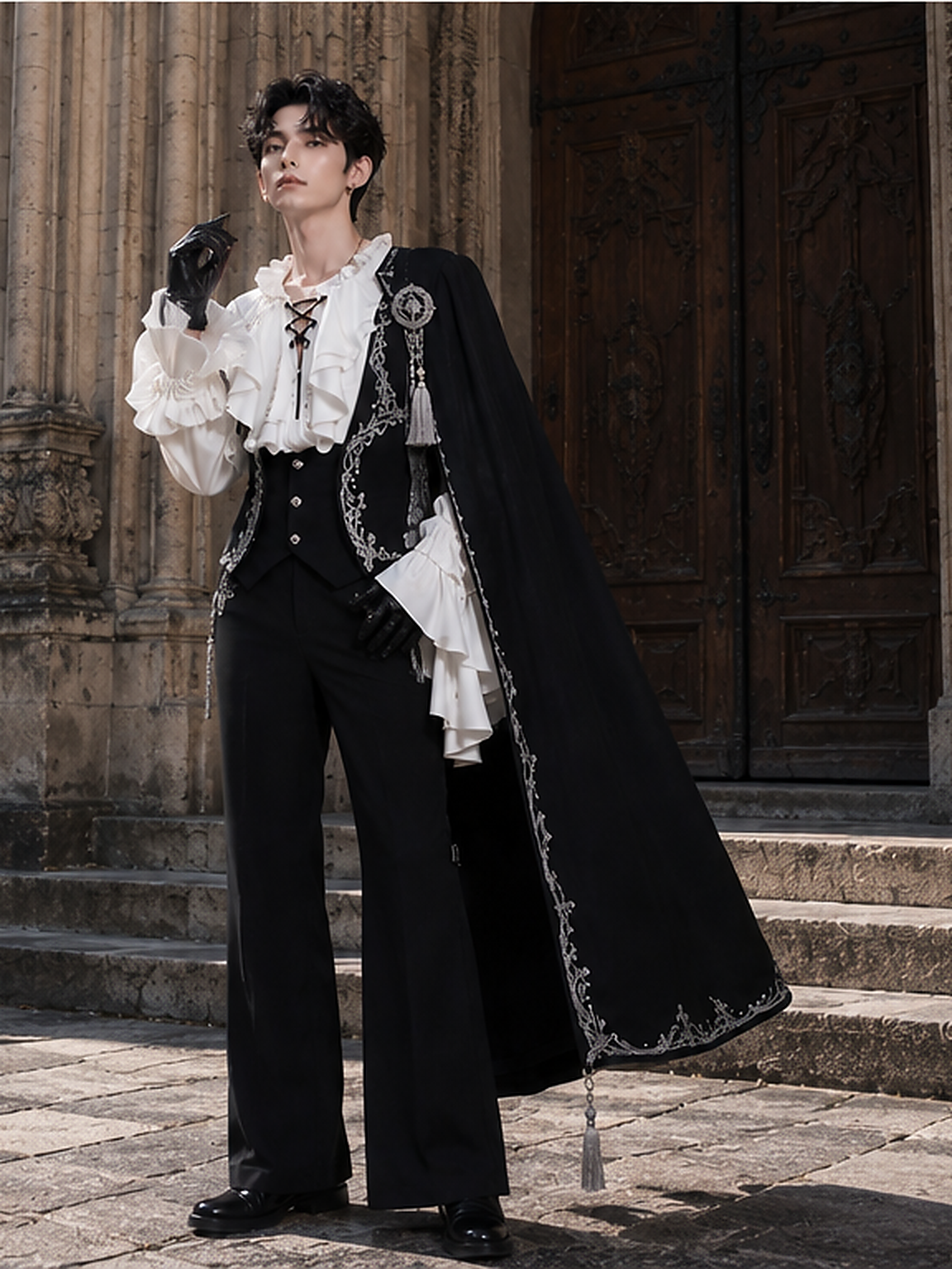 Gothic Ouji Ruffled V-Neck Blouse - White Styled Model View 09 Gothic Ouji Ruffled V-Neck Blouse in White, styled model view 09