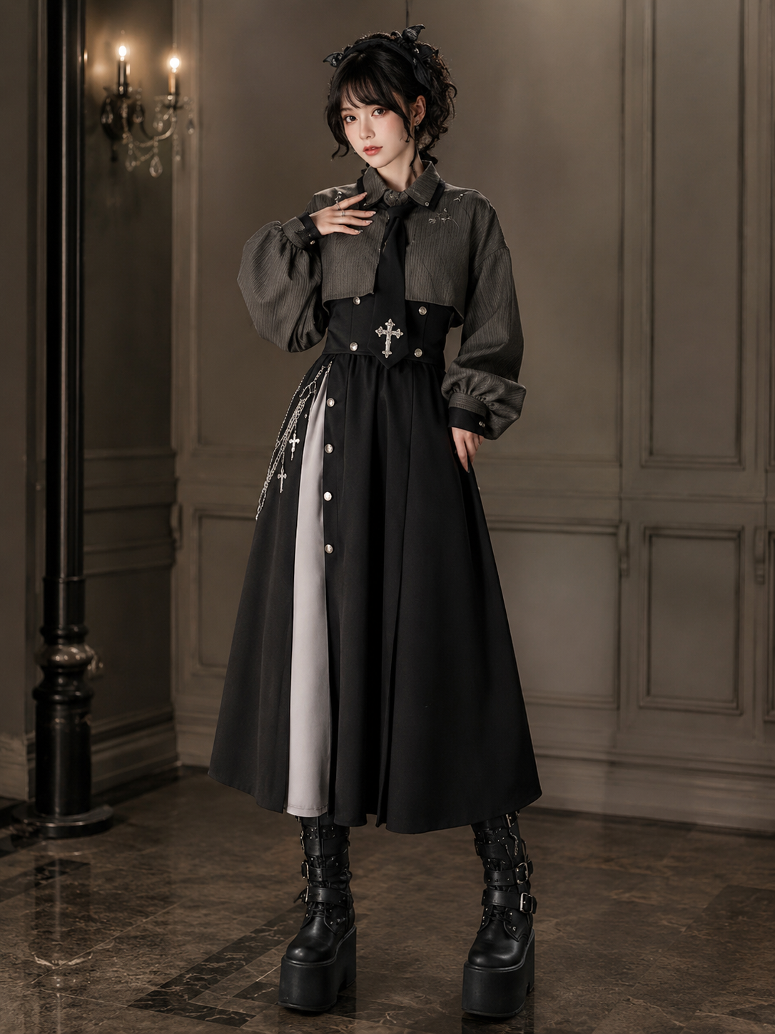 Gothic Waist-Cincher Blouse and Skirt Ouji Set in Gray and Black, Long Skirt, main product styling view 01