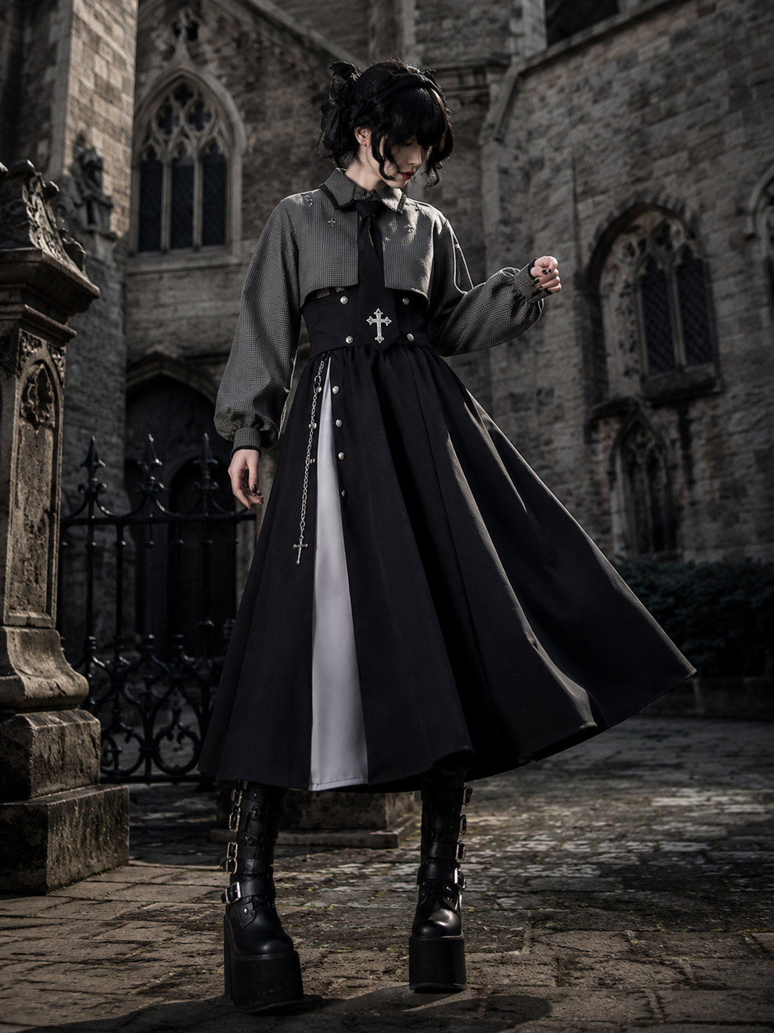 Gothic Waist-Cincher Blouse and Skirt Ouji Set - Gray and Black, Long Skirt Styled Model View 03 Gothic Waist-Cincher Blouse and Skirt Ouji Set in Gray and Black, Long Skirt, styled model view 03
