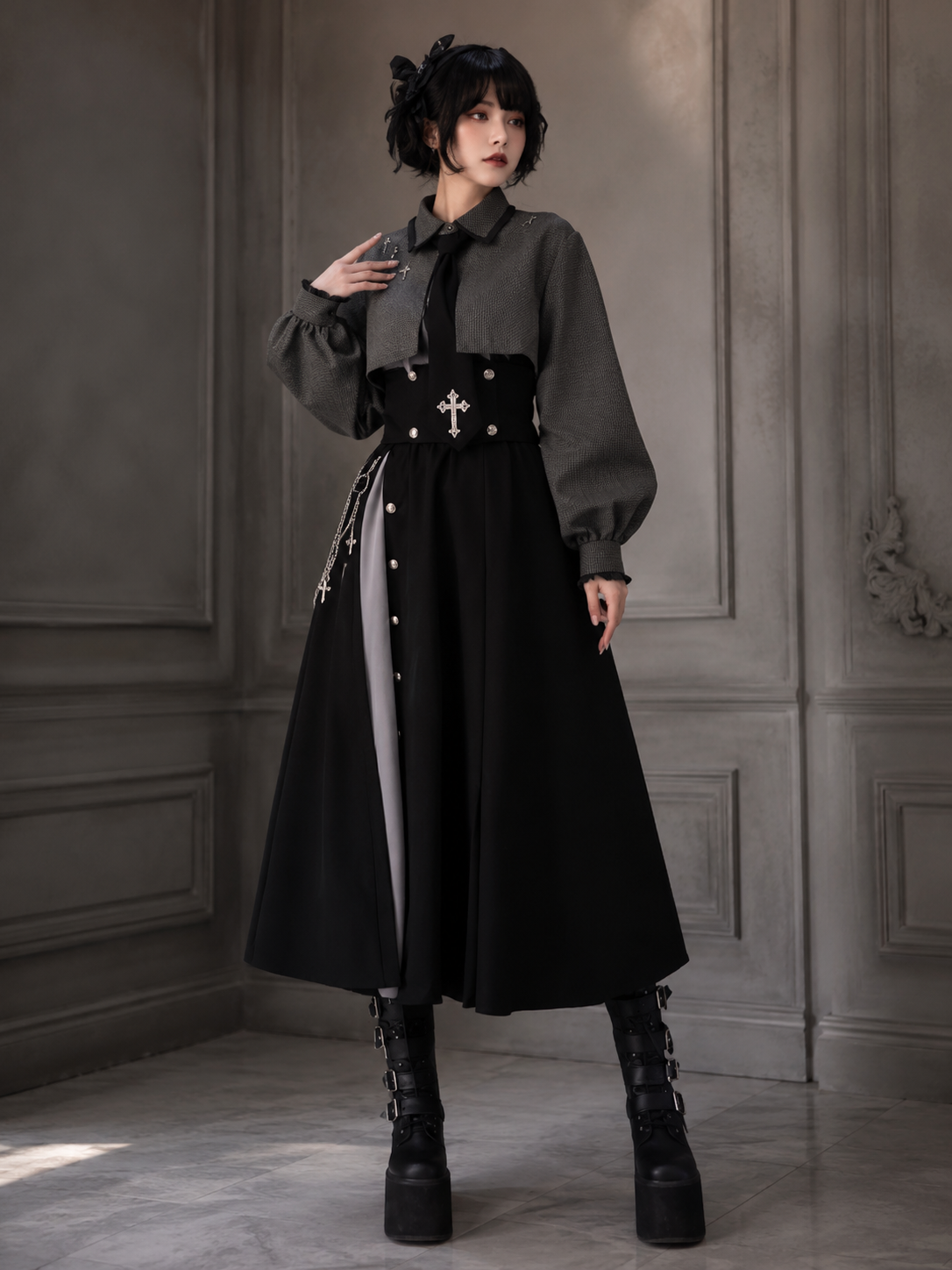 Gothic Waist-Cincher Blouse and Skirt Ouji Set - Gray and Black, Long Skirt Styled Model View 04 Gothic Waist-Cincher Blouse and Skirt Ouji Set in Gray and Black, Long Skirt, styled model view 04