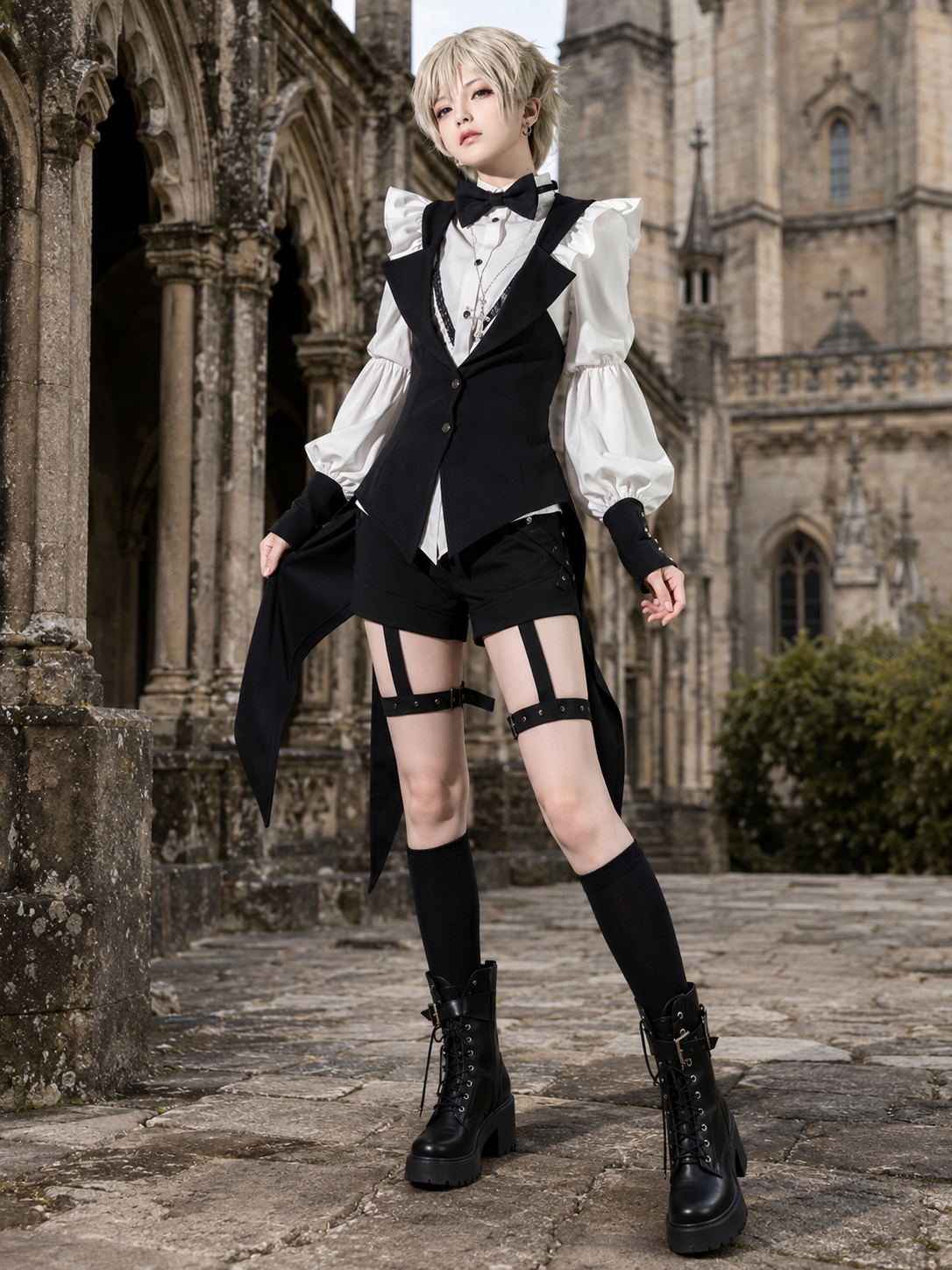 Gothic Waiter Tailcoat Ouji Three-Piece Set in Black and White, main product styling view 01