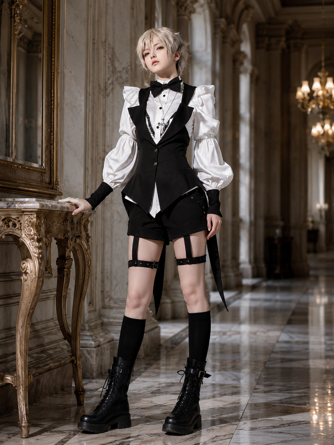 Gothic Waiter Tailcoat Ouji Three-Piece Set - Black and White Styled Model View 04 Gothic Waiter Tailcoat Ouji Three-Piece Set in Black and White, styled model view 04