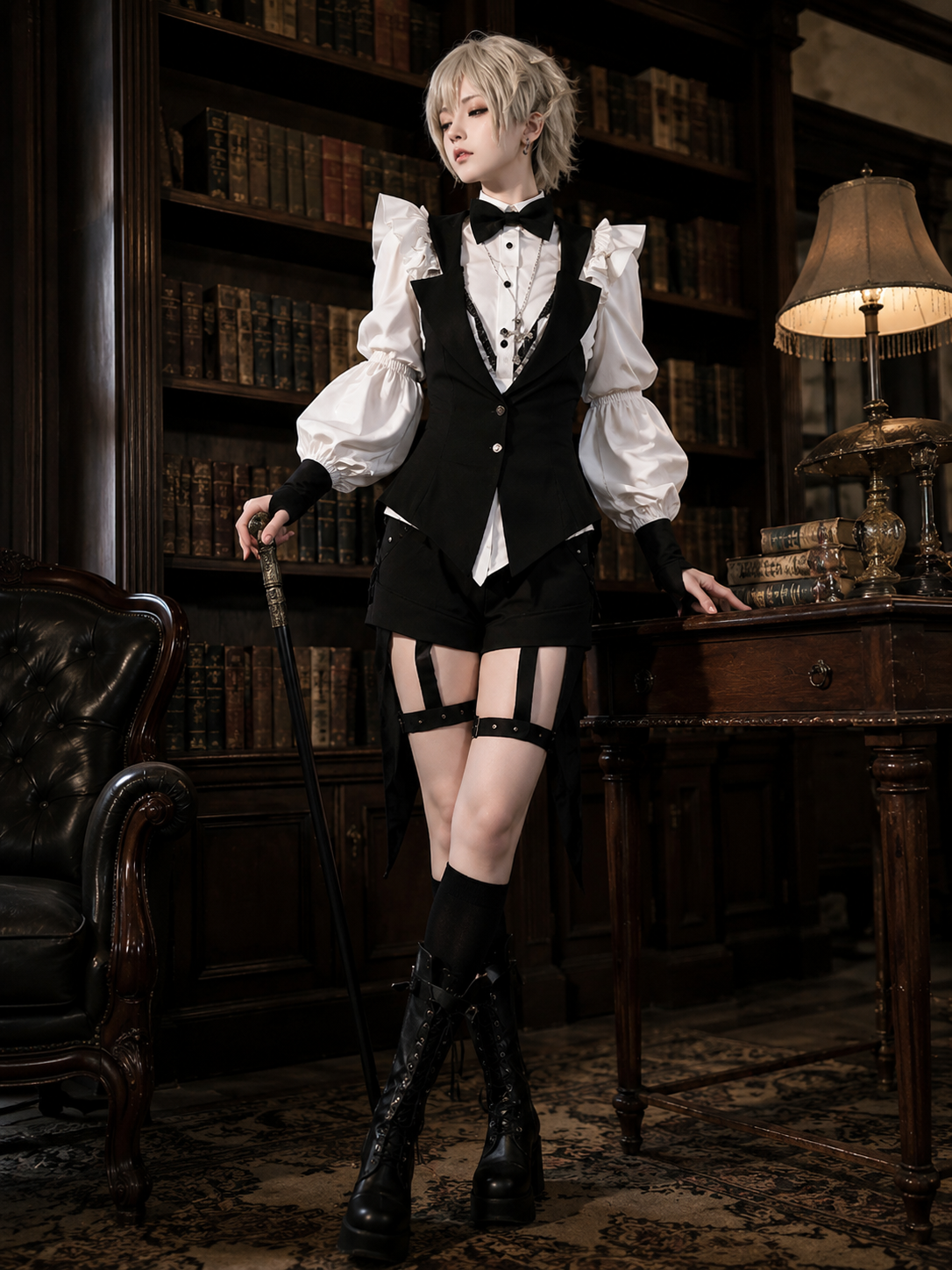 Gothic Waiter Tailcoat Ouji Three-Piece Set - Black and White Styled Model View 05 Gothic Waiter Tailcoat Ouji Three-Piece Set in Black and White, styled model view 05