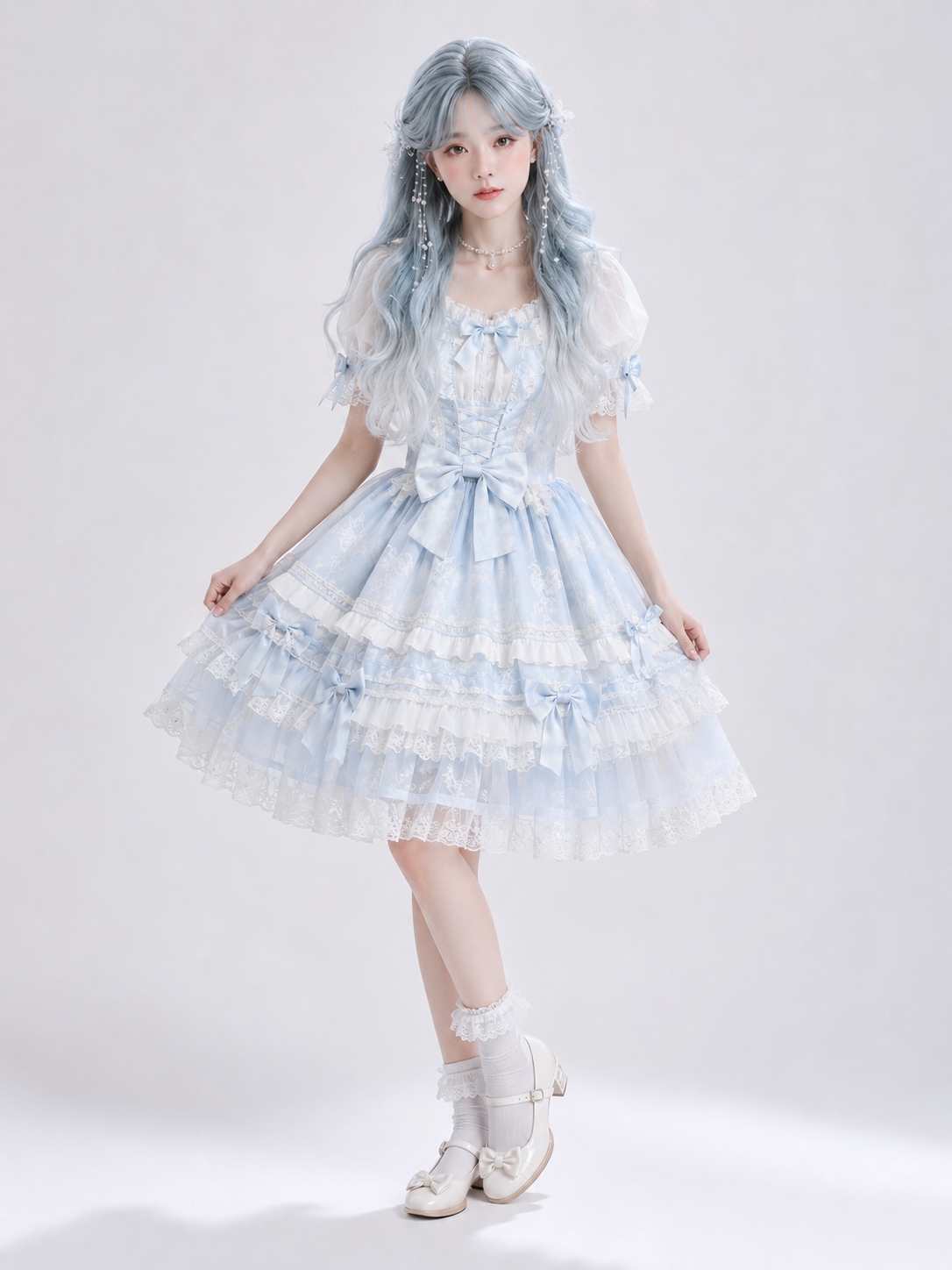 Icy Blue and Silver Ombre Long Wavy Lolita Wig in Icy Blue and Silver Ombre, main product styling view 01
