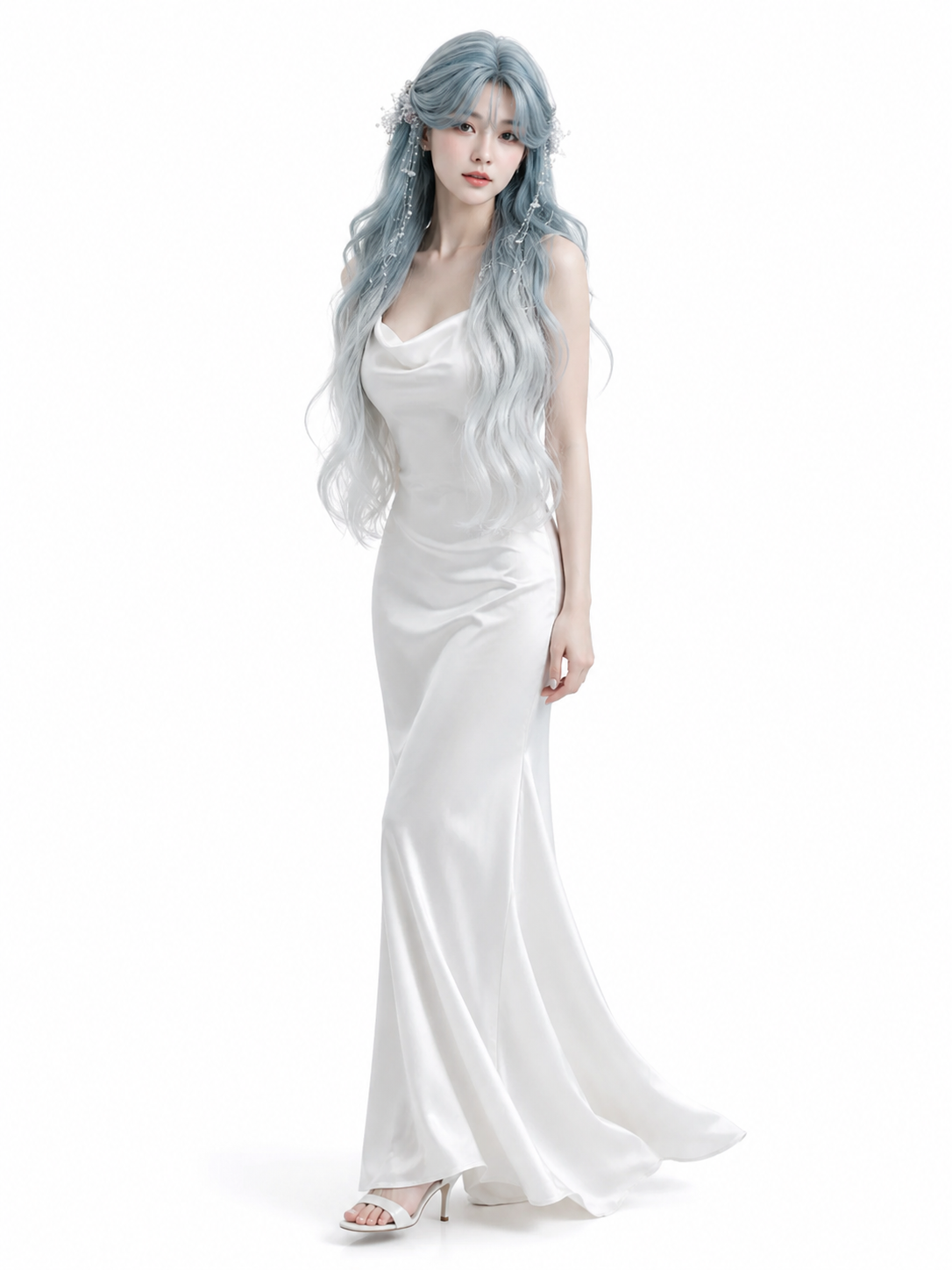 Icy Blue and Silver Ombre Long Wavy Lolita Wig - Icy Blue and Silver Ombre Styled Model View 01 Icy Blue and Silver Ombre Long Wavy Lolita Wig in Icy Blue and Silver Ombre, styled model view 01