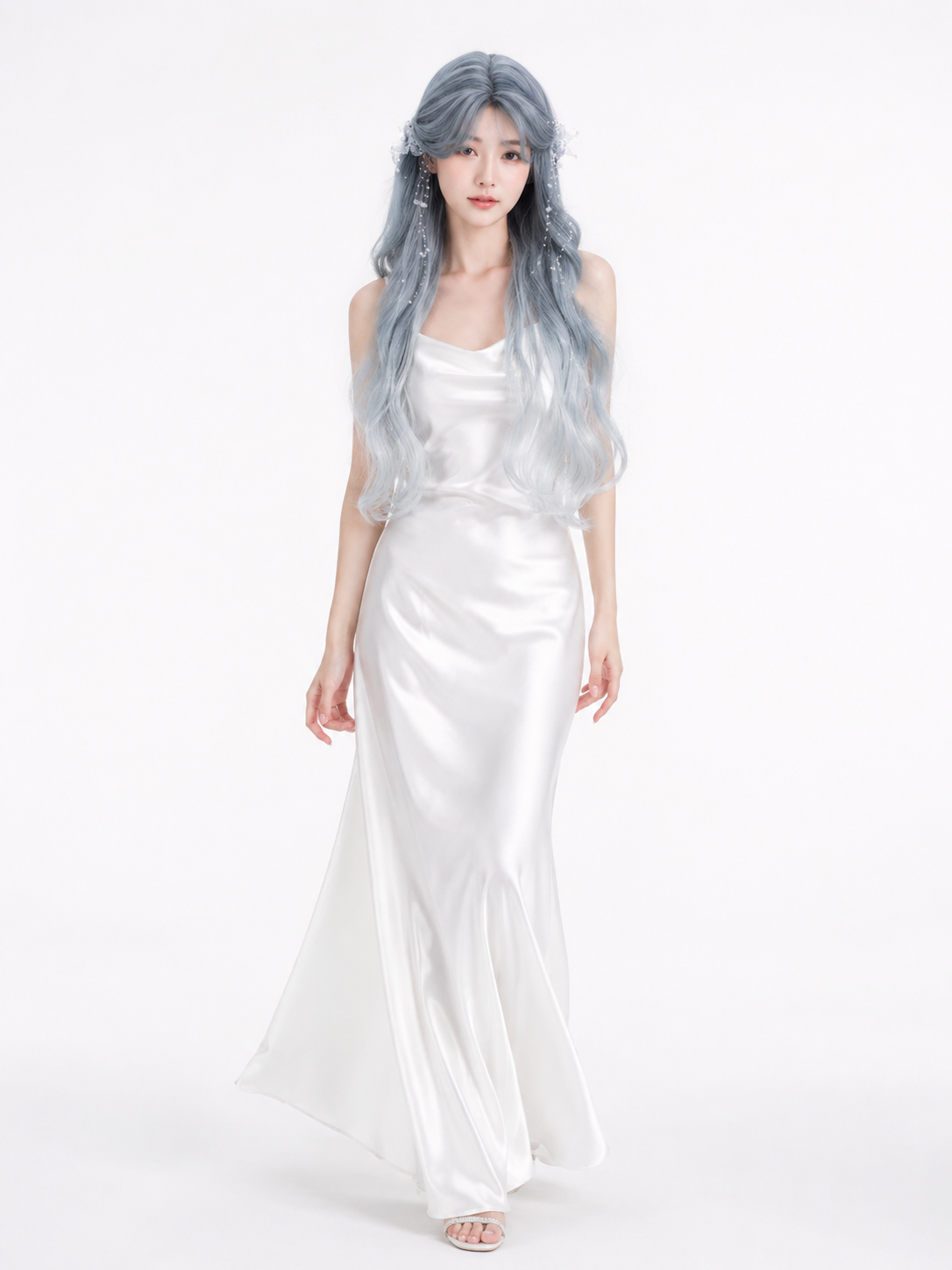 Icy Blue and Silver Ombre Long Wavy Lolita Wig - Icy Blue and Silver Ombre Styled Model View 02 Icy Blue and Silver Ombre Long Wavy Lolita Wig in Icy Blue and Silver Ombre, styled model view 02