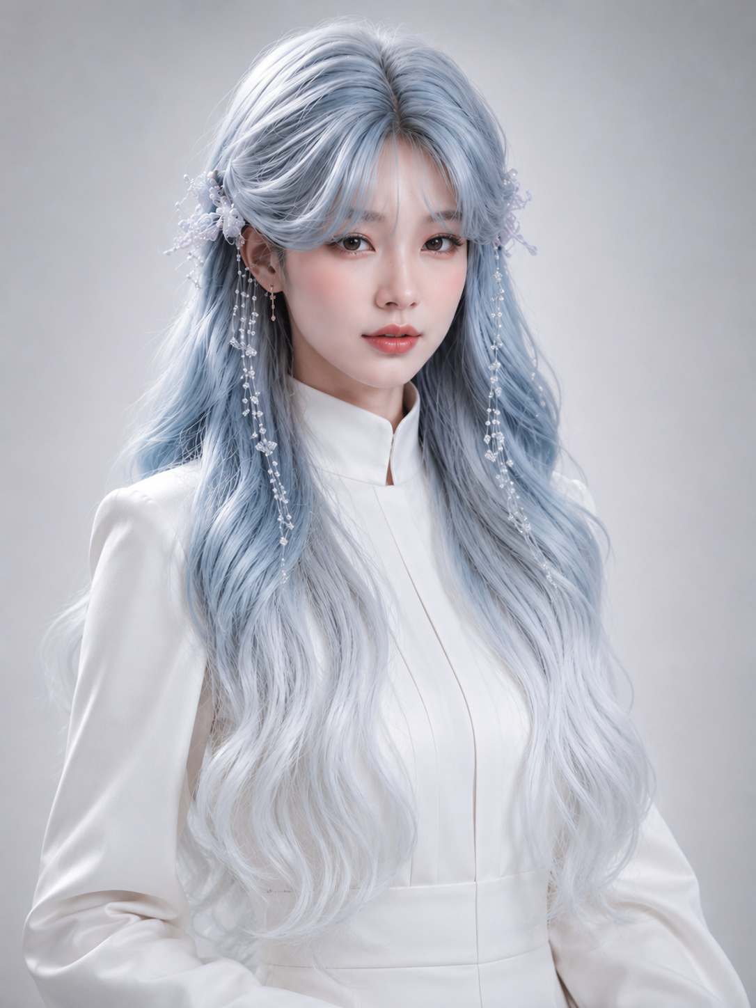 Icy Blue and Silver Ombre Long Wavy Lolita Wig - Icy Blue and Silver Ombre Styled Model View 04 Icy Blue and Silver Ombre Long Wavy Lolita Wig in Icy Blue and Silver Ombre, styled model view 04