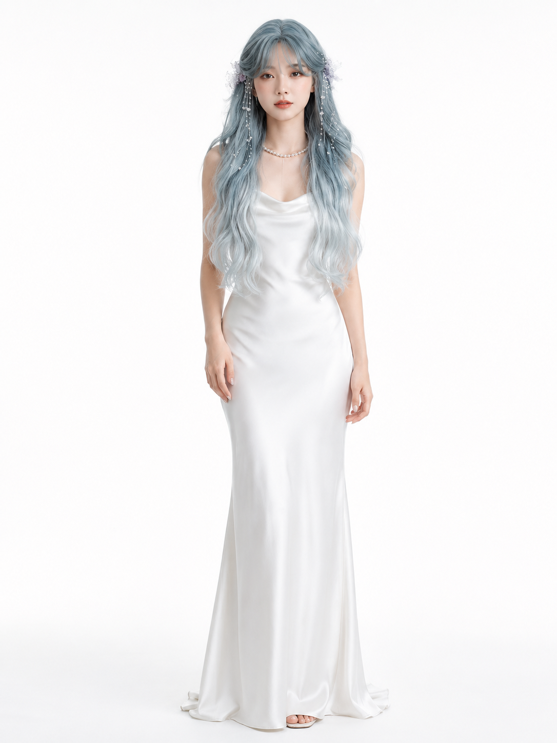Icy Blue and Silver Ombre Long Wavy Lolita Wig - Icy Blue and Silver Ombre Styled Model View 06 Icy Blue and Silver Ombre Long Wavy Lolita Wig in Icy Blue and Silver Ombre, styled model view 06