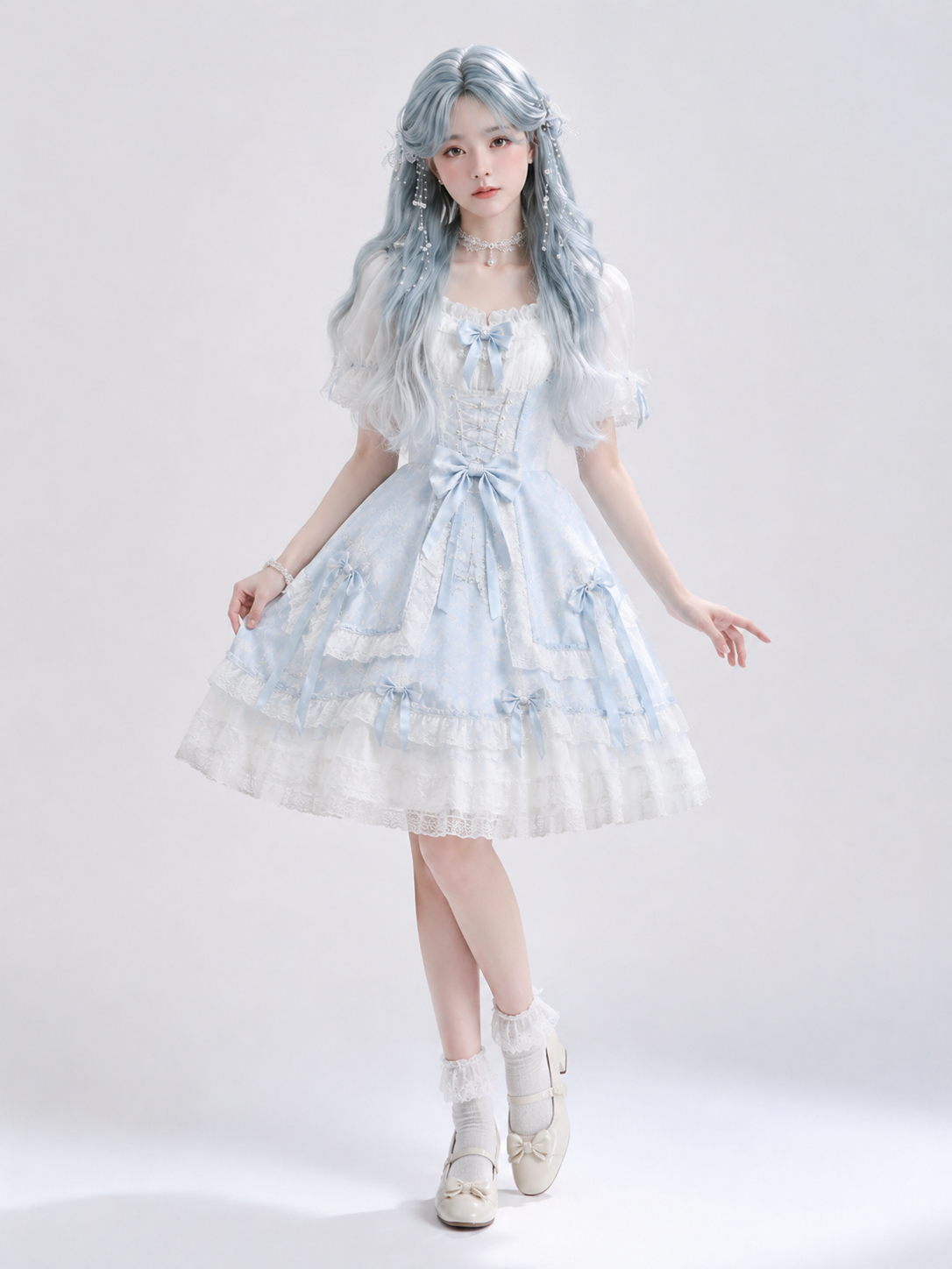Icy Blue and Silver Ombre Long Wavy Lolita Wig - Icy Blue and Silver Ombre Styled Model View 09 Icy Blue and Silver Ombre Long Wavy Lolita Wig in Icy Blue and Silver Ombre, styled model view 09