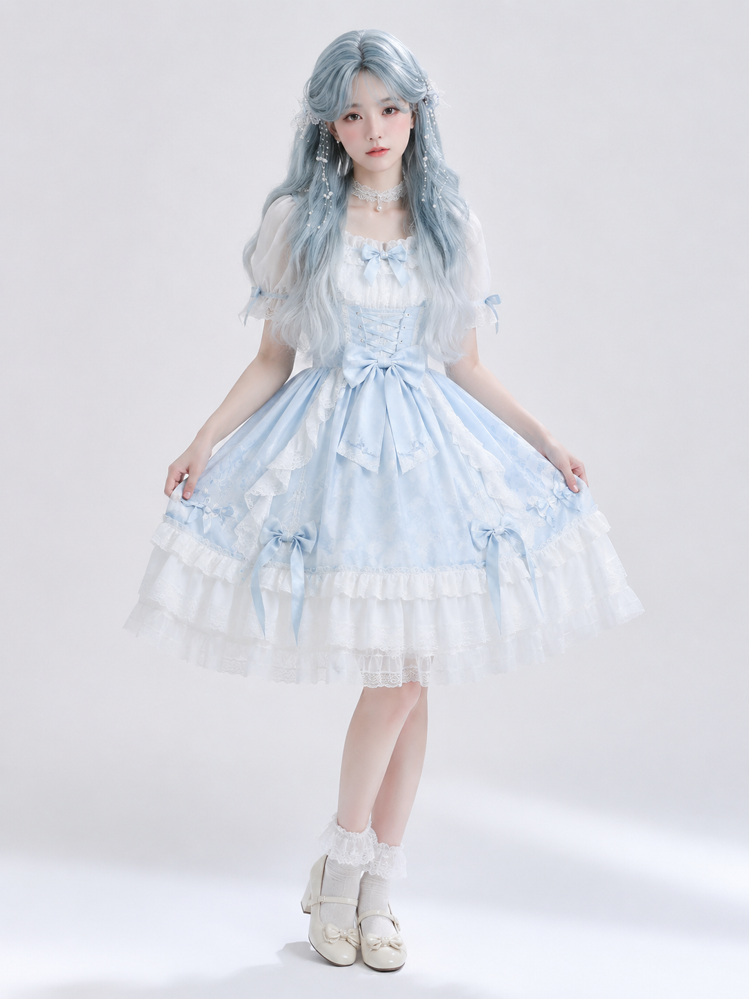 Icy Blue and Silver Ombre Long Wavy Lolita Wig - Icy Blue and Silver Ombre Styled Model View 10 Icy Blue and Silver Ombre Long Wavy Lolita Wig in Icy Blue and Silver Ombre, styled model view 10
