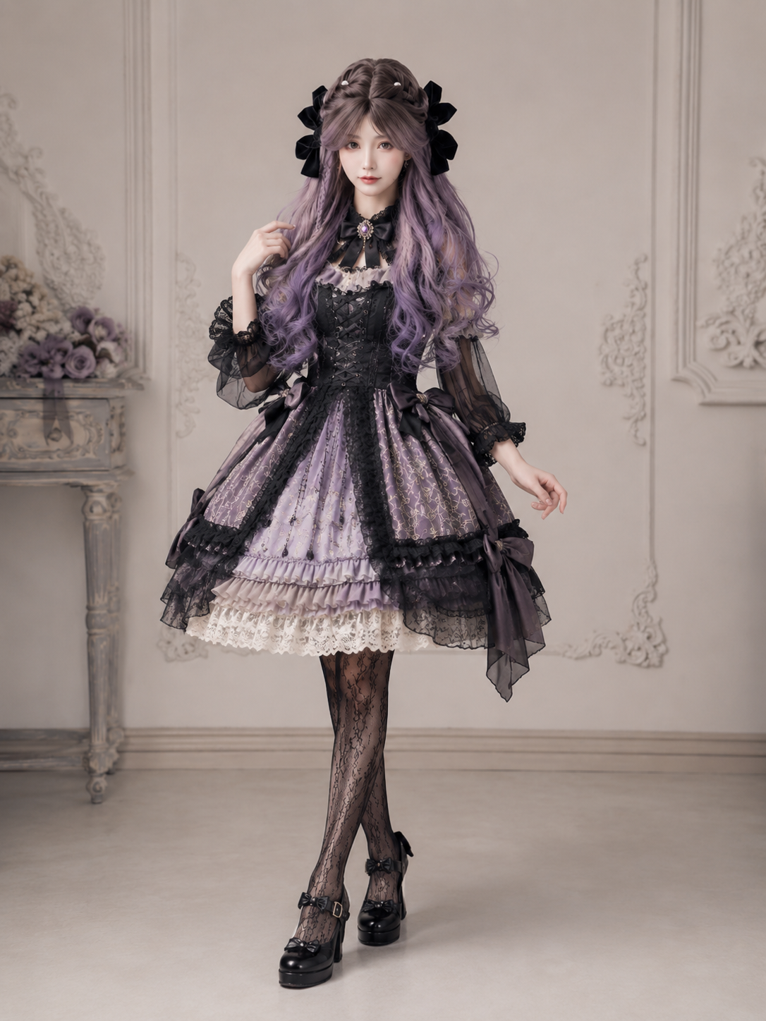 Perruque Lolita longue et ondulée violet lavande - Violet lavande - vue principale sur modèle 01 Perruque Lolita longue et ondulée violet lavande en Violet lavande, vue principale sur modèle 01