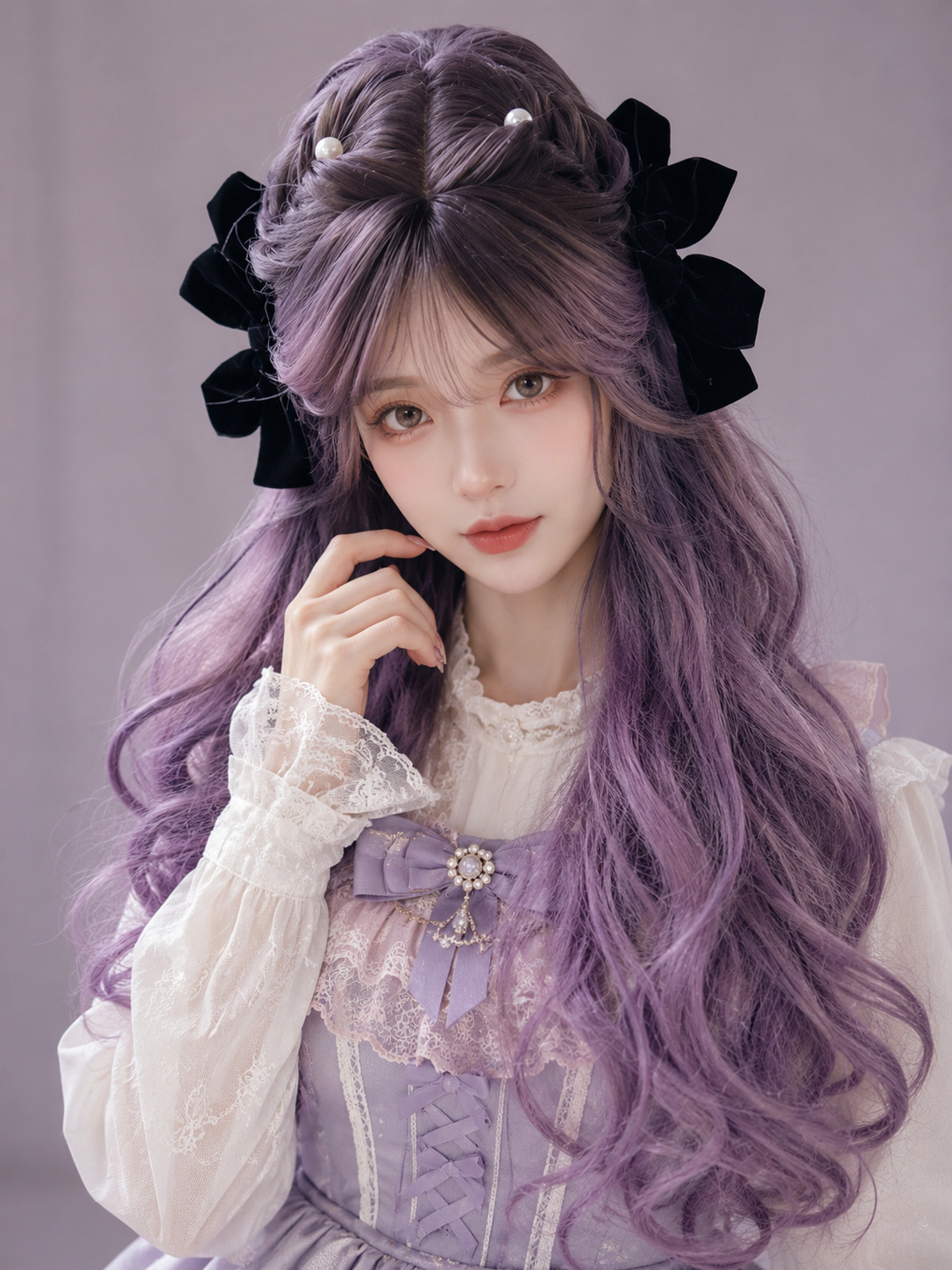 Perruque Lolita longue et ondulée violet lavande - Violet lavande - vue sur modèle avec stylisme 01 Perruque Lolita longue et ondulée violet lavande en Violet lavande, vue sur modèle avec stylisme 01