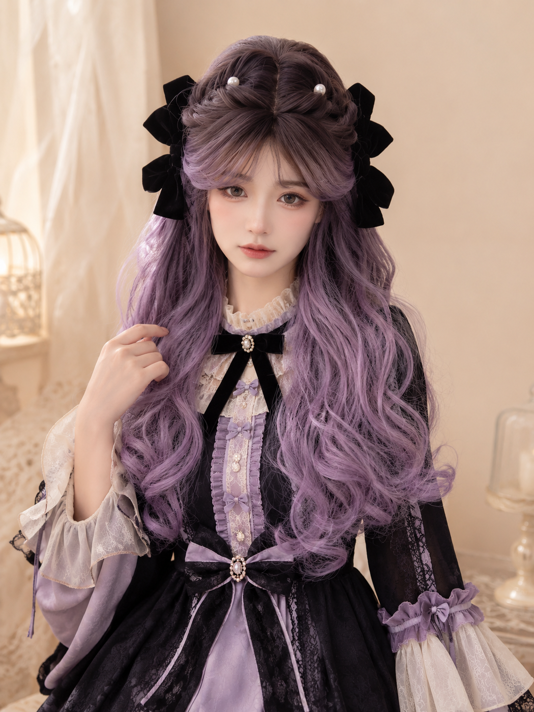 Perruque Lolita longue et ondulée violet lavande - Violet lavande - vue sur modèle avec stylisme 02 Perruque Lolita longue et ondulée violet lavande en Violet lavande, vue sur modèle avec stylisme 02