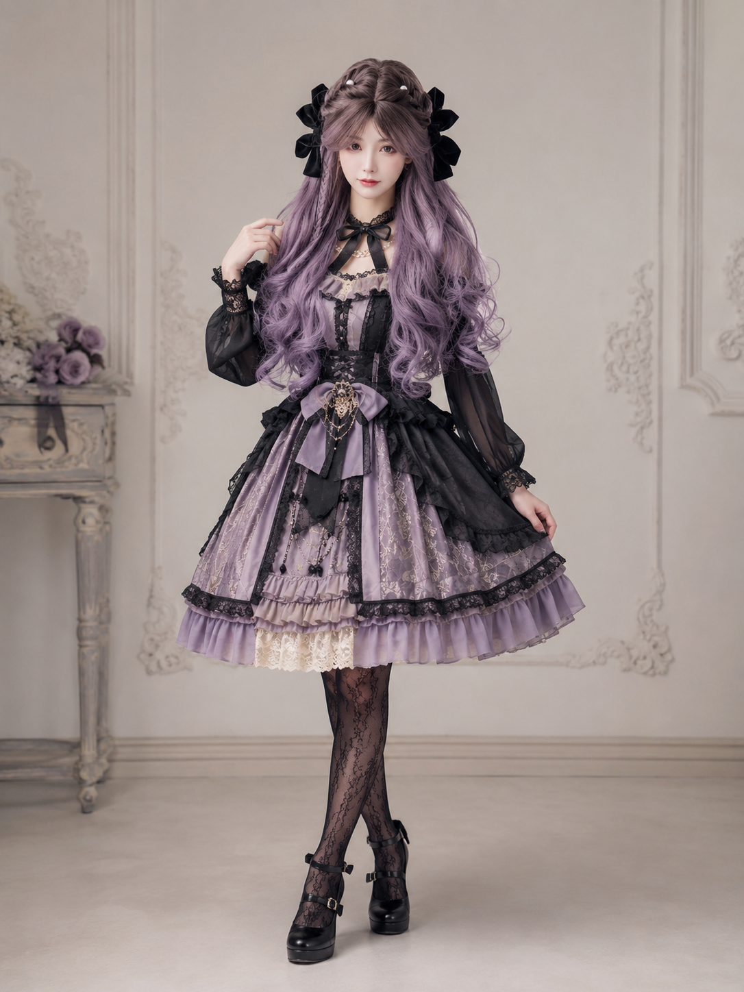 Perruque Lolita longue et ondulée violet lavande - Violet lavande - vue sur modèle avec stylisme 03 Perruque Lolita longue et ondulée violet lavande en Violet lavande, vue sur modèle avec stylisme 03