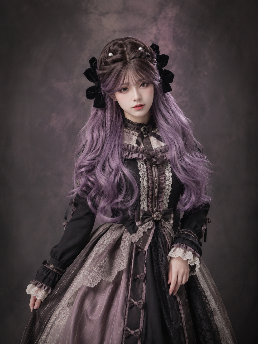 Perruque Lolita longue et ondulée violet lavande - Violet lavande - vue sur modèle avec stylisme 04 Perruque Lolita longue et ondulée violet lavande en Violet lavande, vue sur modèle avec stylisme 04