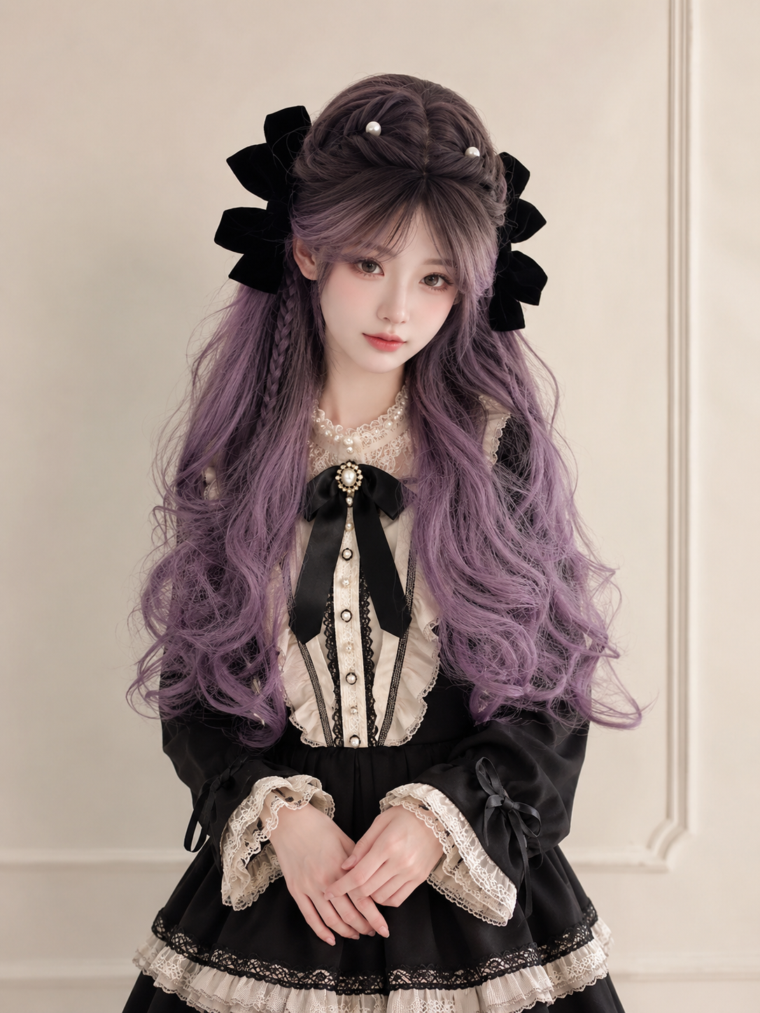 Perruque Lolita longue et ondulée violet lavande - Violet lavande - vue sur modèle avec stylisme 05 Perruque Lolita longue et ondulée violet lavande en Violet lavande, vue sur modèle avec stylisme 05