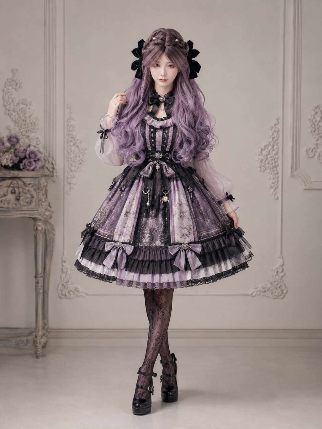 Perruque Lolita longue et ondulée violet lavande - Violet lavande - vue sur modèle avec stylisme 08 Perruque Lolita longue et ondulée violet lavande en Violet lavande, vue sur modèle avec stylisme 08