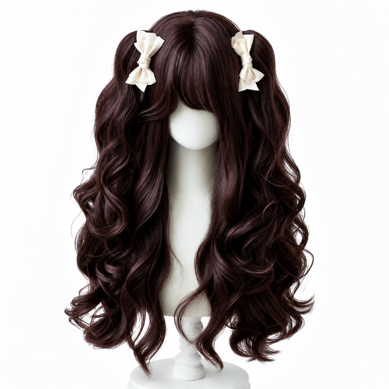 Perruque Lolita longue et ondulée Milk Cheese Sweetheart - Brun bordeaux - vue du produit sur mannequin 01 Perruque Lolita longue et ondulée Milk Cheese Sweetheart en Brun bordeaux, vue du produit sur mannequin 01