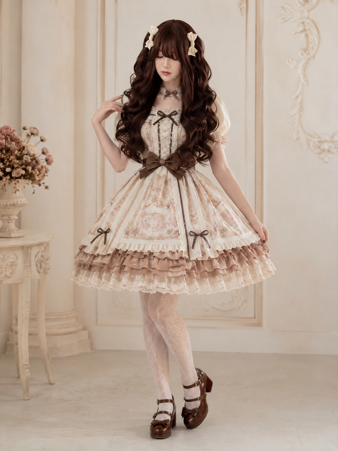 Perruque Lolita longue et ondulée Milk Cheese Sweetheart - Brun bordeaux - vue sur modèle avec stylisme 02 Perruque Lolita longue et ondulée Milk Cheese Sweetheart en Brun bordeaux, vue sur modèle avec stylisme 02