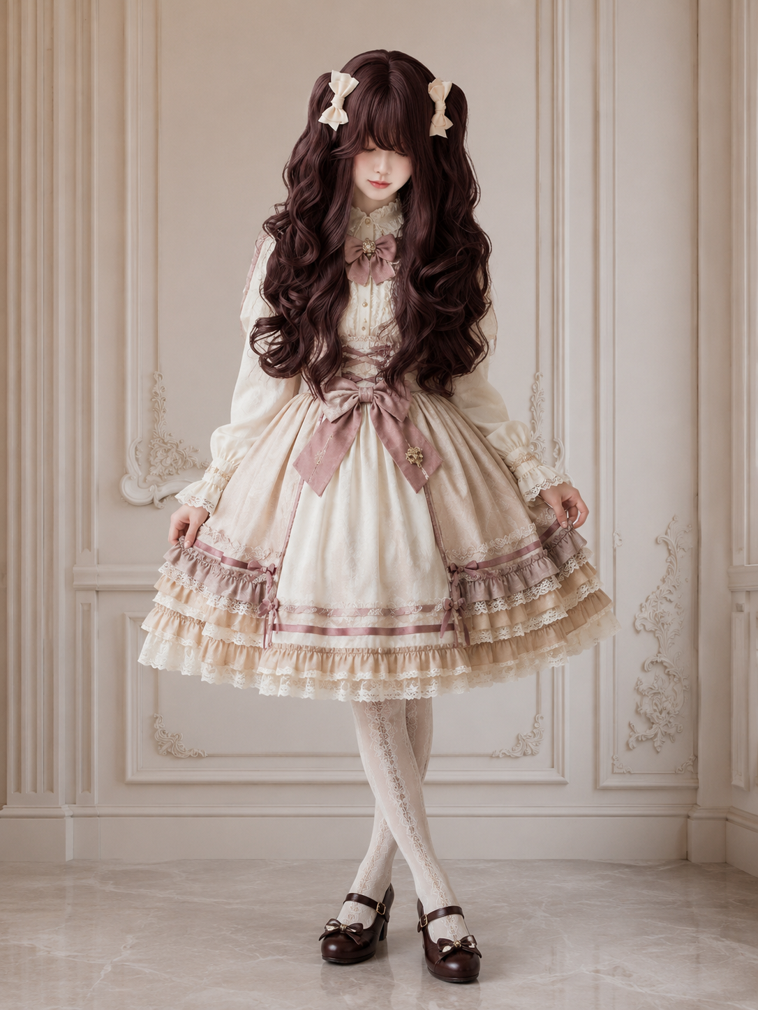 Perruque Lolita longue et ondulée Milk Cheese Sweetheart - Brun bordeaux - vue sur modèle avec stylisme 04 Perruque Lolita longue et ondulée Milk Cheese Sweetheart en Brun bordeaux, vue sur modèle avec stylisme 04