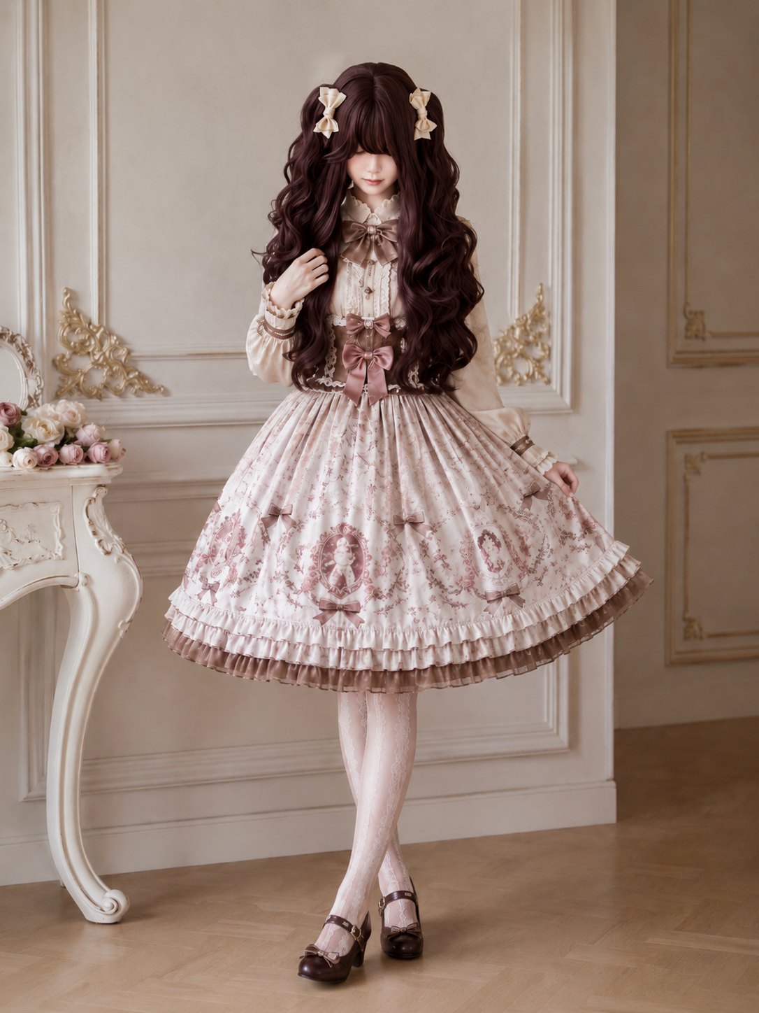 Perruque Lolita longue et ondulée Milk Cheese Sweetheart - Brun bordeaux - vue sur modèle avec stylisme 06 Perruque Lolita longue et ondulée Milk Cheese Sweetheart en Brun bordeaux, vue sur modèle avec stylisme 06