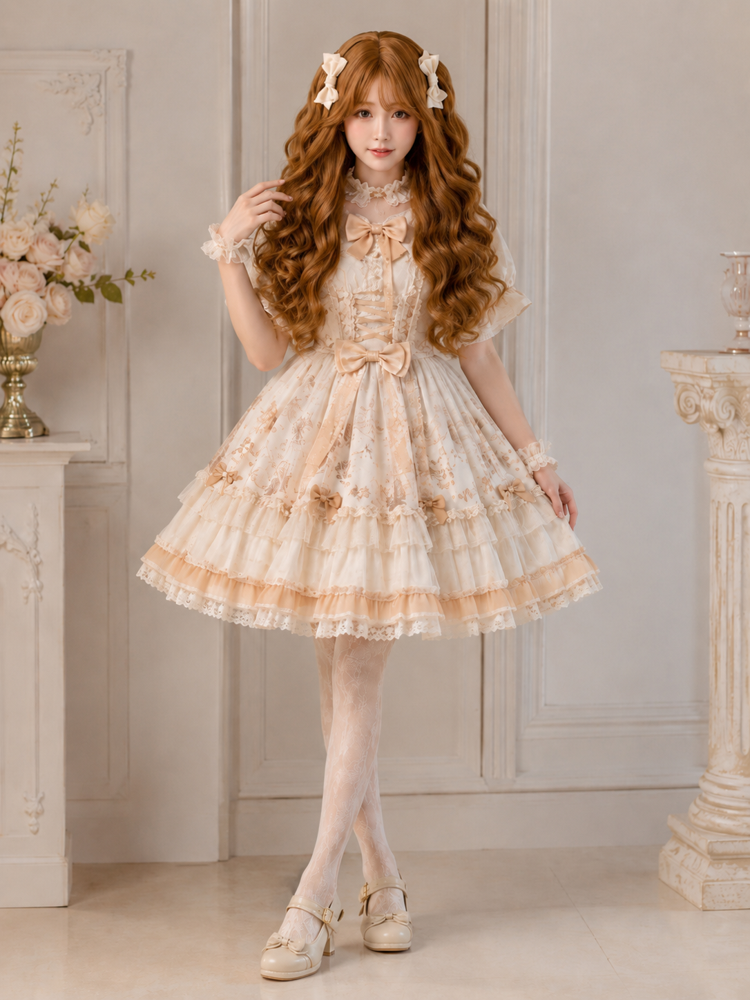 Perruque Lolita longue et ondulée Milk Cheese Sweetheart - Brun caramel - vue principale sur modèle 01 Perruque Lolita longue et ondulée Milk Cheese Sweetheart en Brun caramel, vue principale sur modèle 01