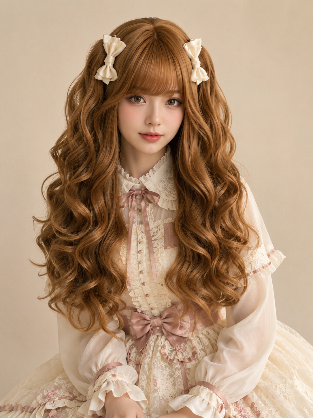 Perruque Lolita longue et ondulée Milk Cheese Sweetheart - Brun caramel - vue sur modèle avec stylisme 01 Perruque Lolita longue et ondulée Milk Cheese Sweetheart en Brun caramel, vue sur modèle avec stylisme 01