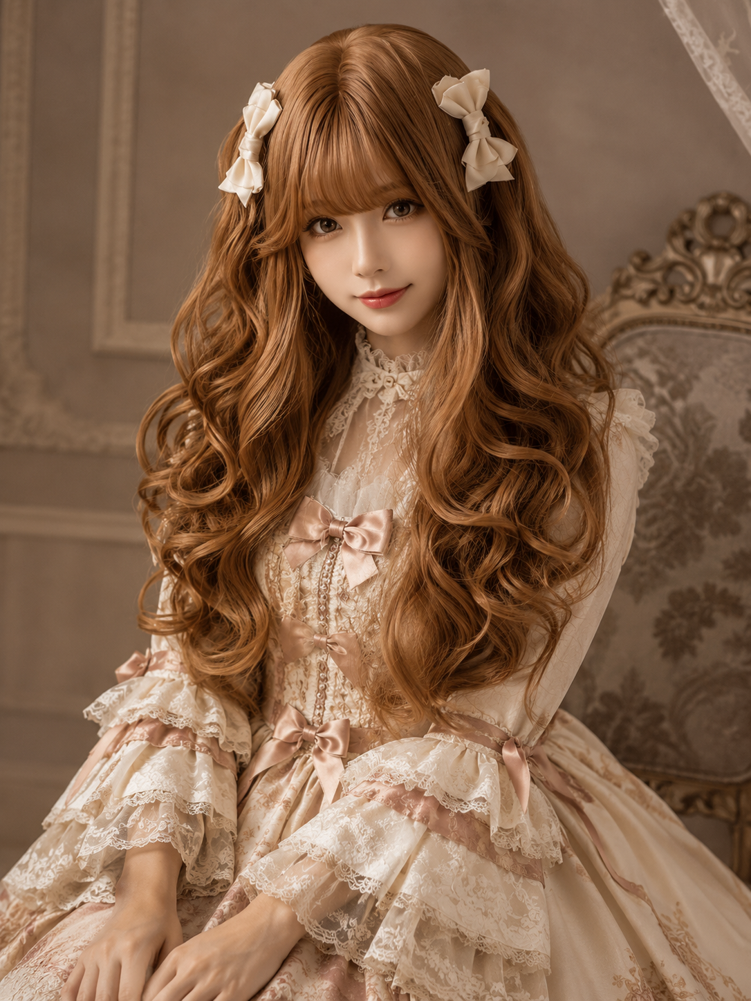 Perruque Lolita longue et ondulée Milk Cheese Sweetheart - Brun caramel - vue sur modèle avec stylisme 02 Perruque Lolita longue et ondulée Milk Cheese Sweetheart en Brun caramel, vue sur modèle avec stylisme 02