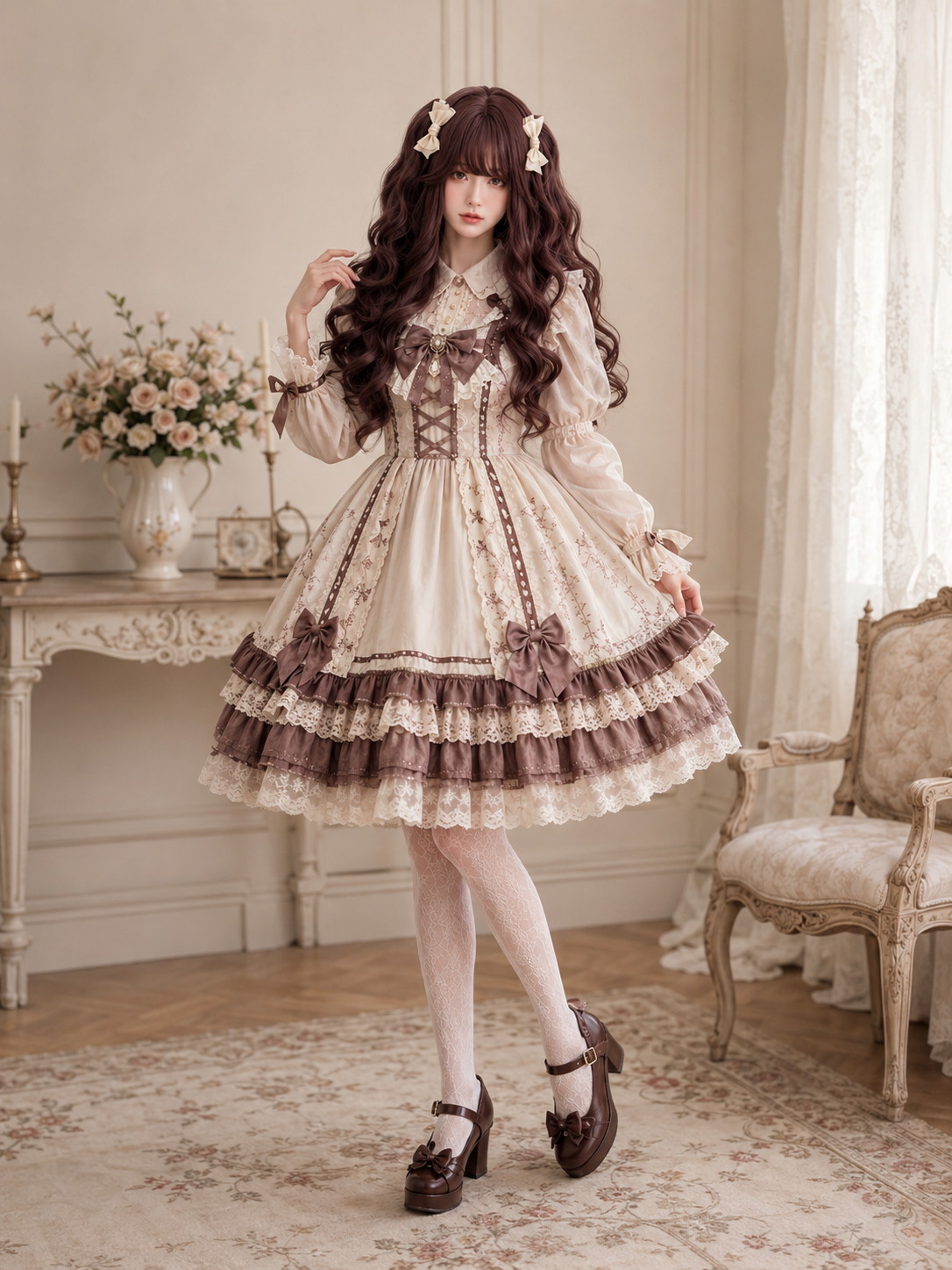 Perruque Lolita longue et ondulée Milk Cheese Sweetheart - Brun chocolat foncé - vue principale sur modèle 01 Perruque Lolita longue et ondulée Milk Cheese Sweetheart en Brun chocolat foncé, vue principale sur modèle 01