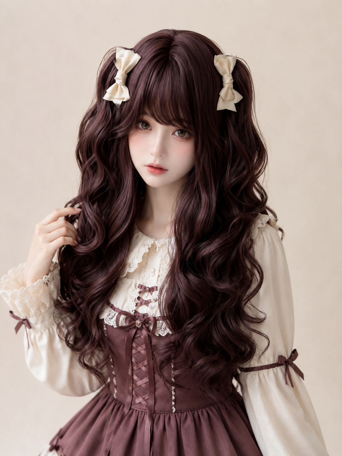 Perruque Lolita longue et ondulée Milk Cheese Sweetheart - Brun chocolat foncé - vue sur modèle avec stylisme 01 Perruque Lolita longue et ondulée Milk Cheese Sweetheart en Brun chocolat foncé, vue sur modèle avec stylisme 01