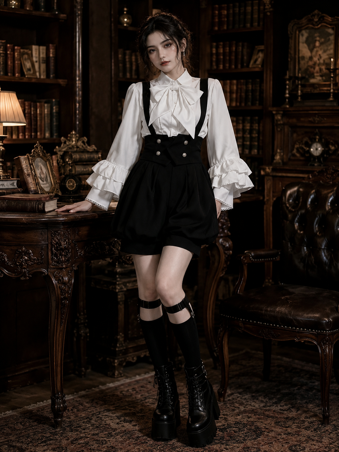 Noble Ouji Ruffled Shirt and Bloomer Shorts Set in Black and White, main product styling view 01