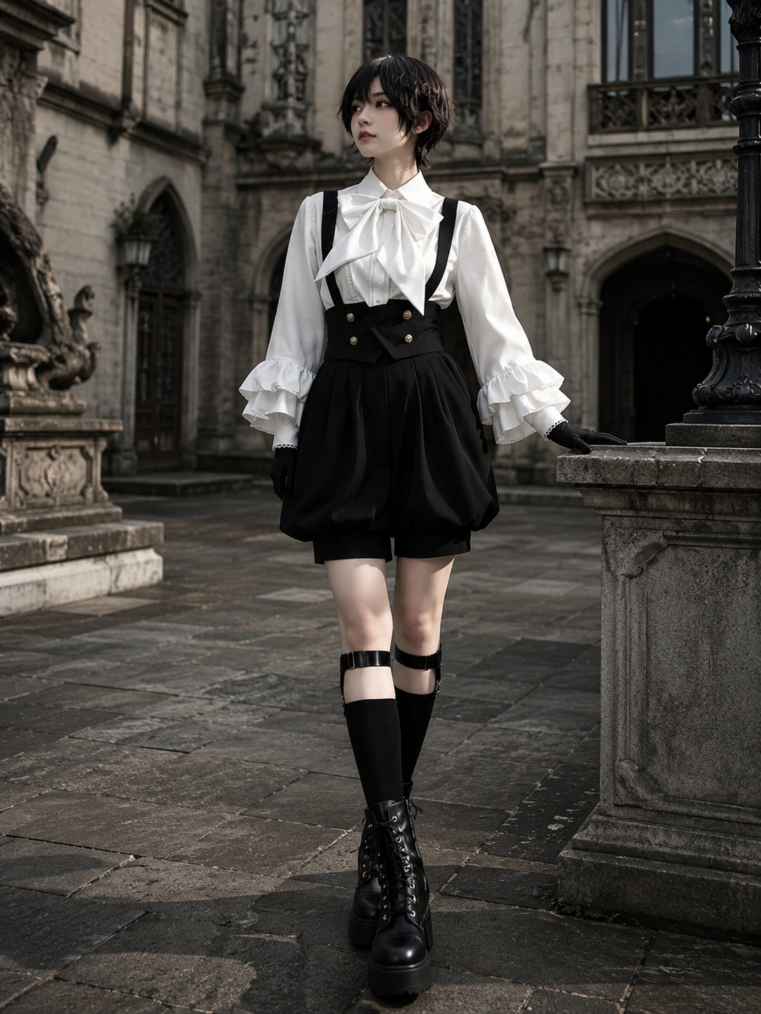 Noble Ouji Ruffled Shirt and Bloomer Shorts Set - Black and White Styled Model View 06 Noble Ouji Ruffled Shirt and Bloomer Shorts Set in Black and White, styled model view 06
