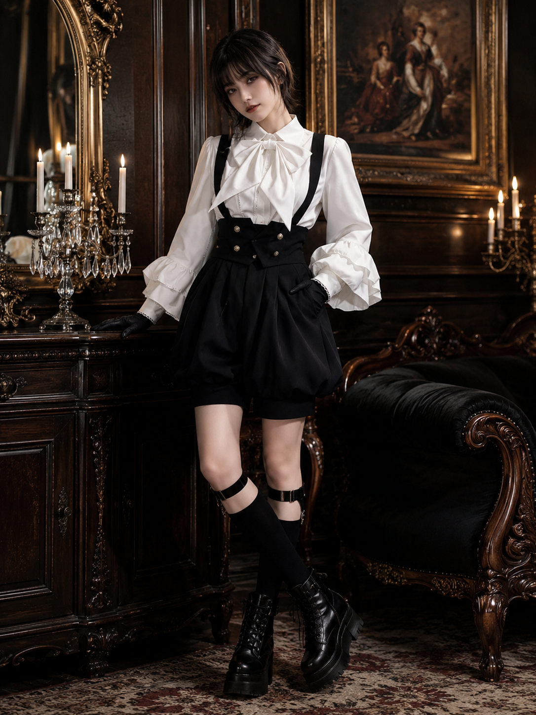 Noble Ouji Ruffled Shirt and Bloomer Shorts Set - Black and White Styled Model View 07 Noble Ouji Ruffled Shirt and Bloomer Shorts Set in Black and White, styled model view 07