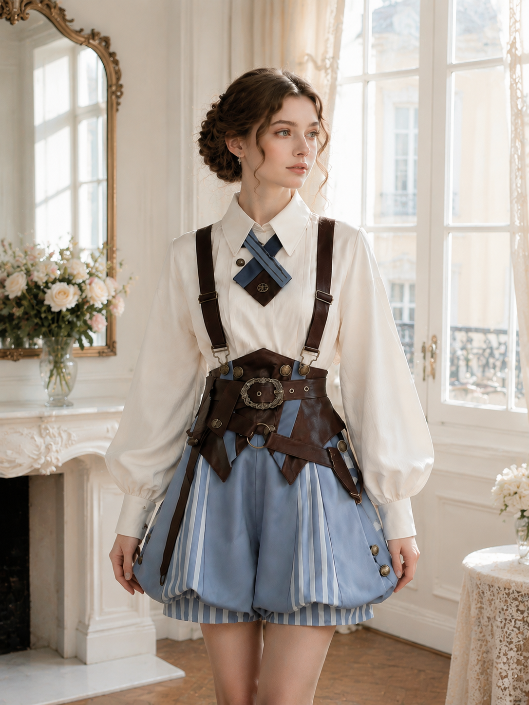 Prince's Secret Romance Academy Ouji Three-Piece Set - Ivory, Blue and Brown Styled Model View 02 Prince's Secret Romance Academy Ouji Three-Piece Set in Ivory, Blue and Brown, styled model view 02