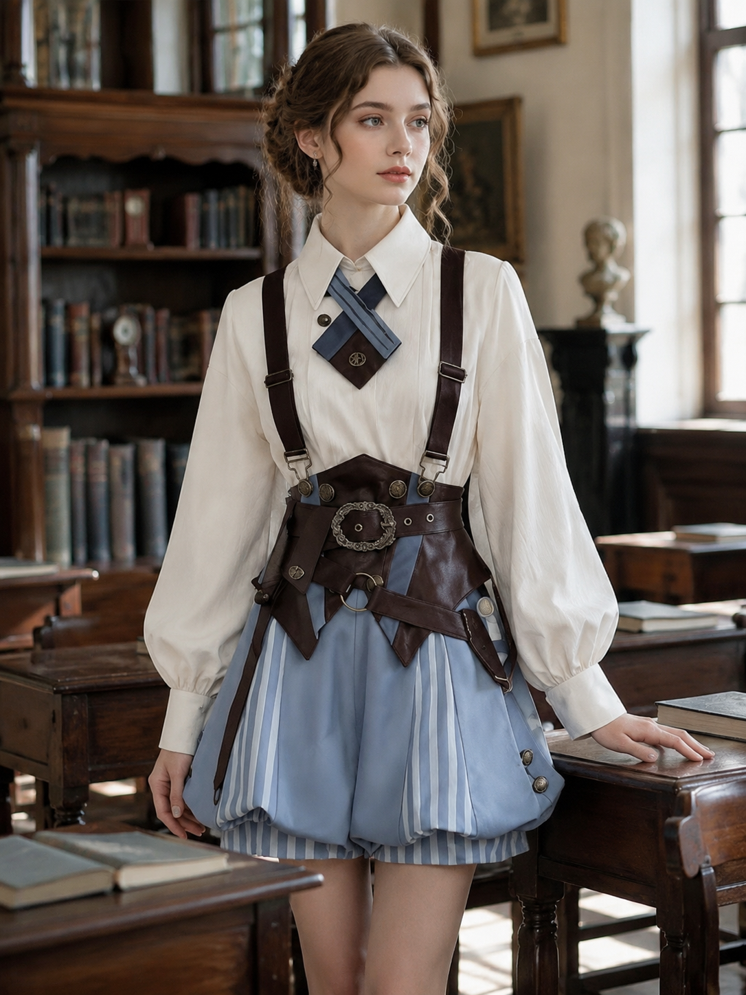 Prince's Secret Romance Academy Ouji Three-Piece Set - Ivory, Blue and Brown Styled Model View 03 Prince's Secret Romance Academy Ouji Three-Piece Set in Ivory, Blue and Brown, styled model view 03