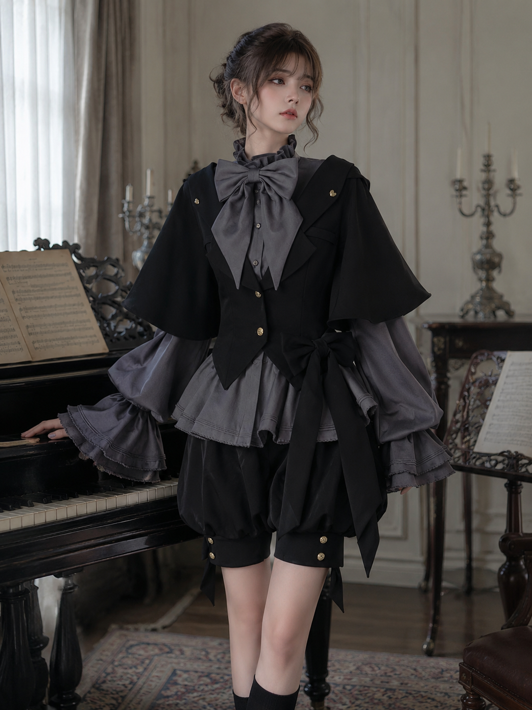 Rabbit-Ear Hooded Ouji Three-Piece Set in Black and Gray, main product styling view 01
