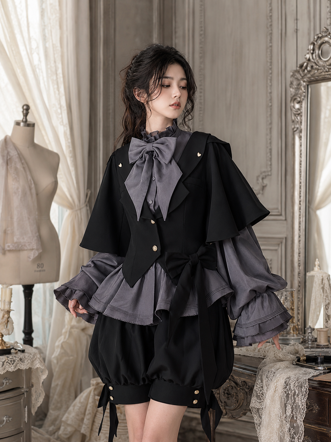Rabbit-Ear Hooded Ouji Three-Piece Set - Black and Gray Styled Model View 01 Rabbit-Ear Hooded Ouji Three-Piece Set in Black and Gray, styled model view 01