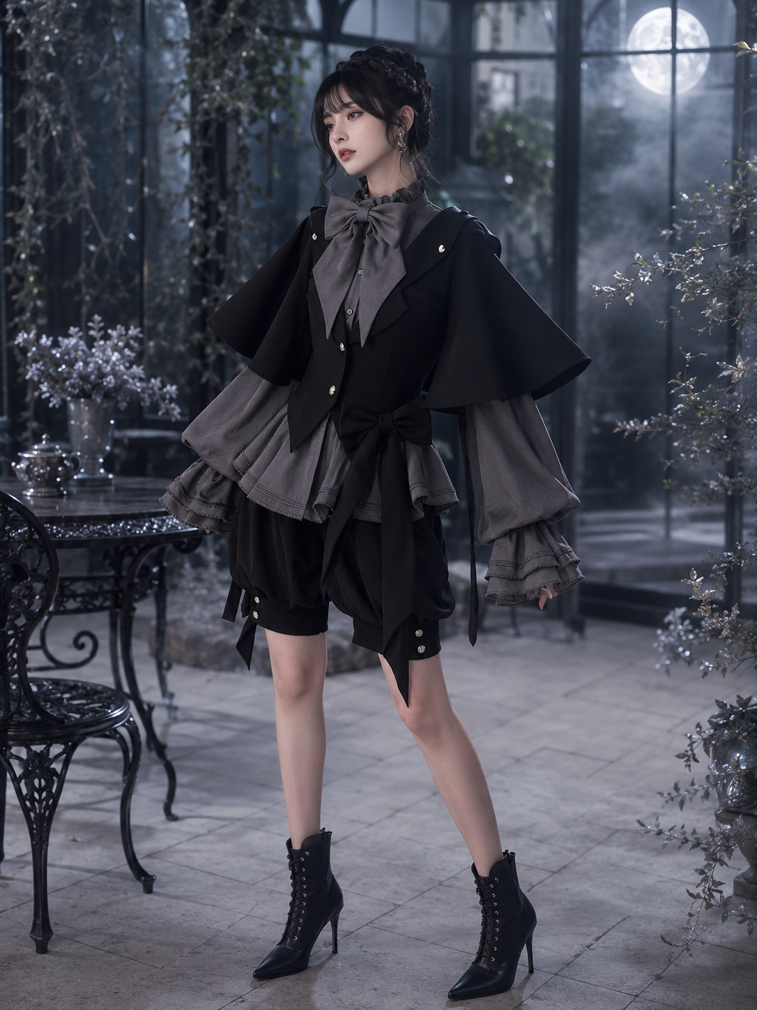Rabbit-Ear Hooded Ouji Three-Piece Set - Black and Gray Styled Model View 04 Rabbit-Ear Hooded Ouji Three-Piece Set in Black and Gray, styled model view 04