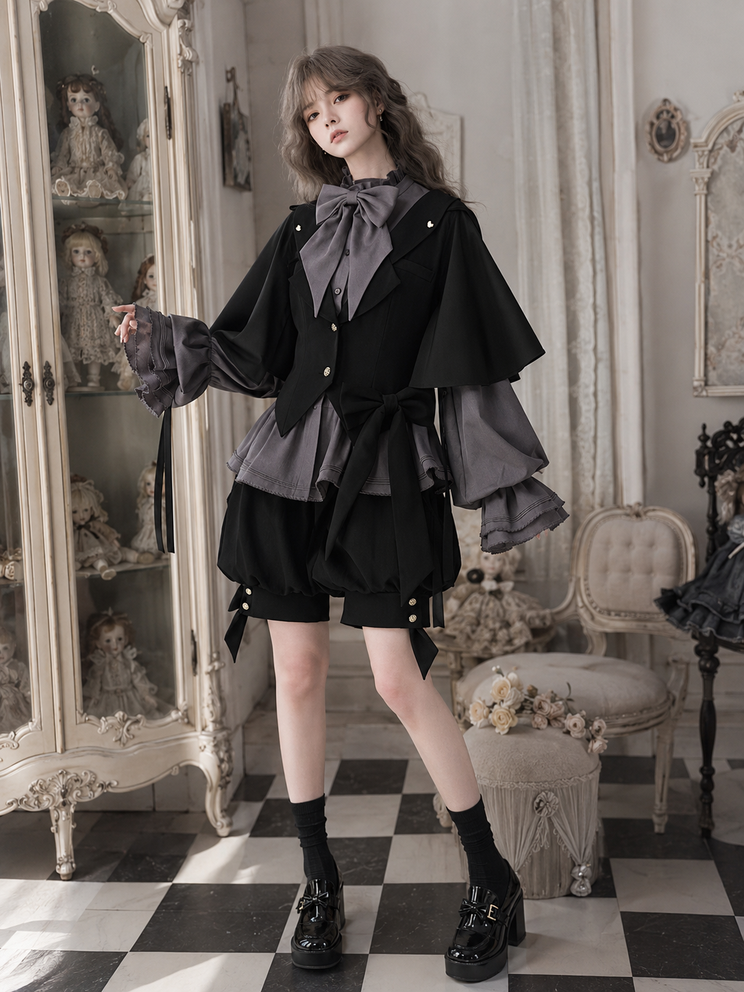 Rabbit-Ear Hooded Ouji Three-Piece Set - Black and Gray Styled Model View 05 Rabbit-Ear Hooded Ouji Three-Piece Set in Black and Gray, styled model view 05