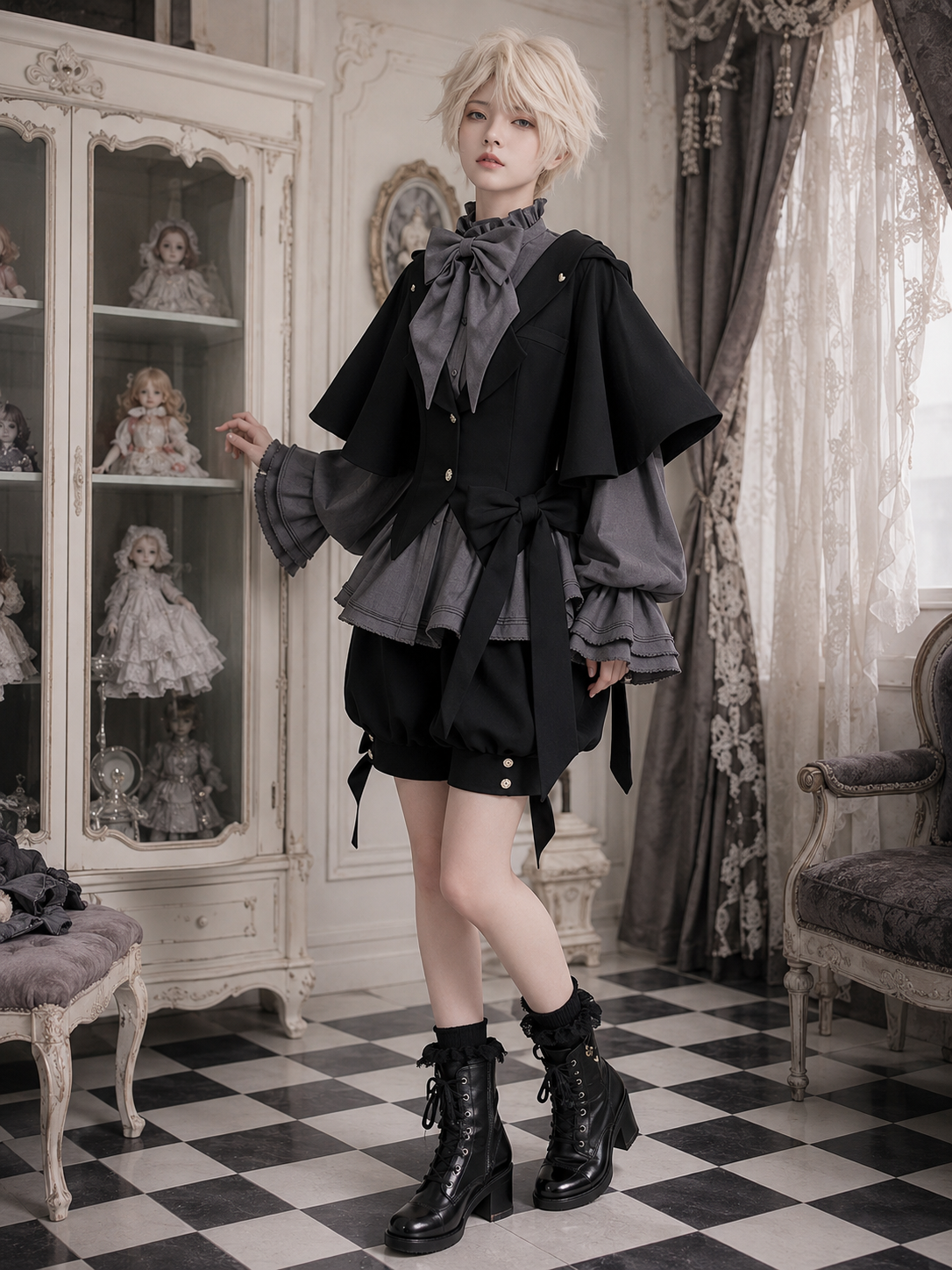 Rabbit-Ear Hooded Ouji Three-Piece Set - Black and Gray Styled Model View 06 Rabbit-Ear Hooded Ouji Three-Piece Set in Black and Gray, styled model view 06